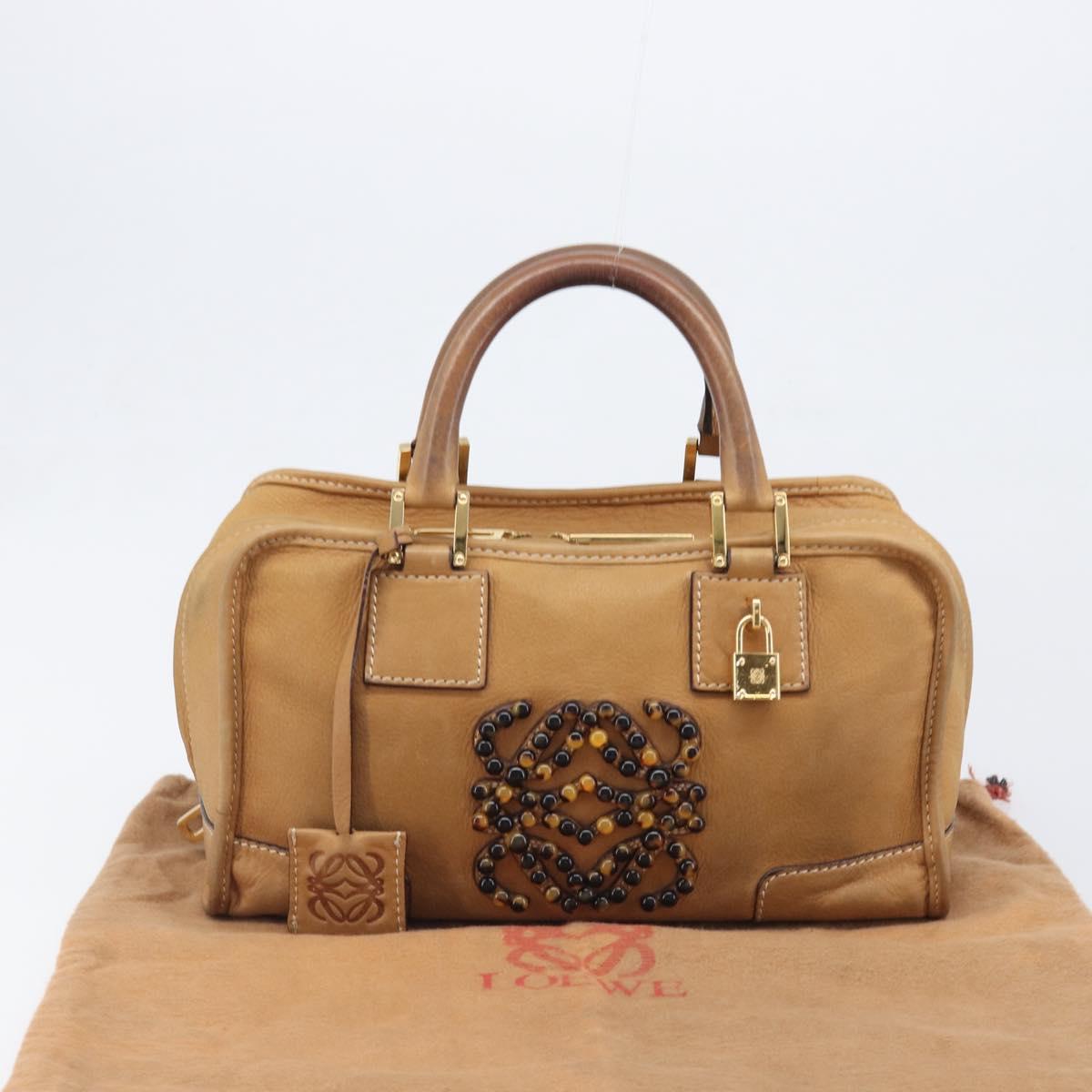 LOEWE Amazona 28 Hand Bag Leather Beige Gold Auth 202000A