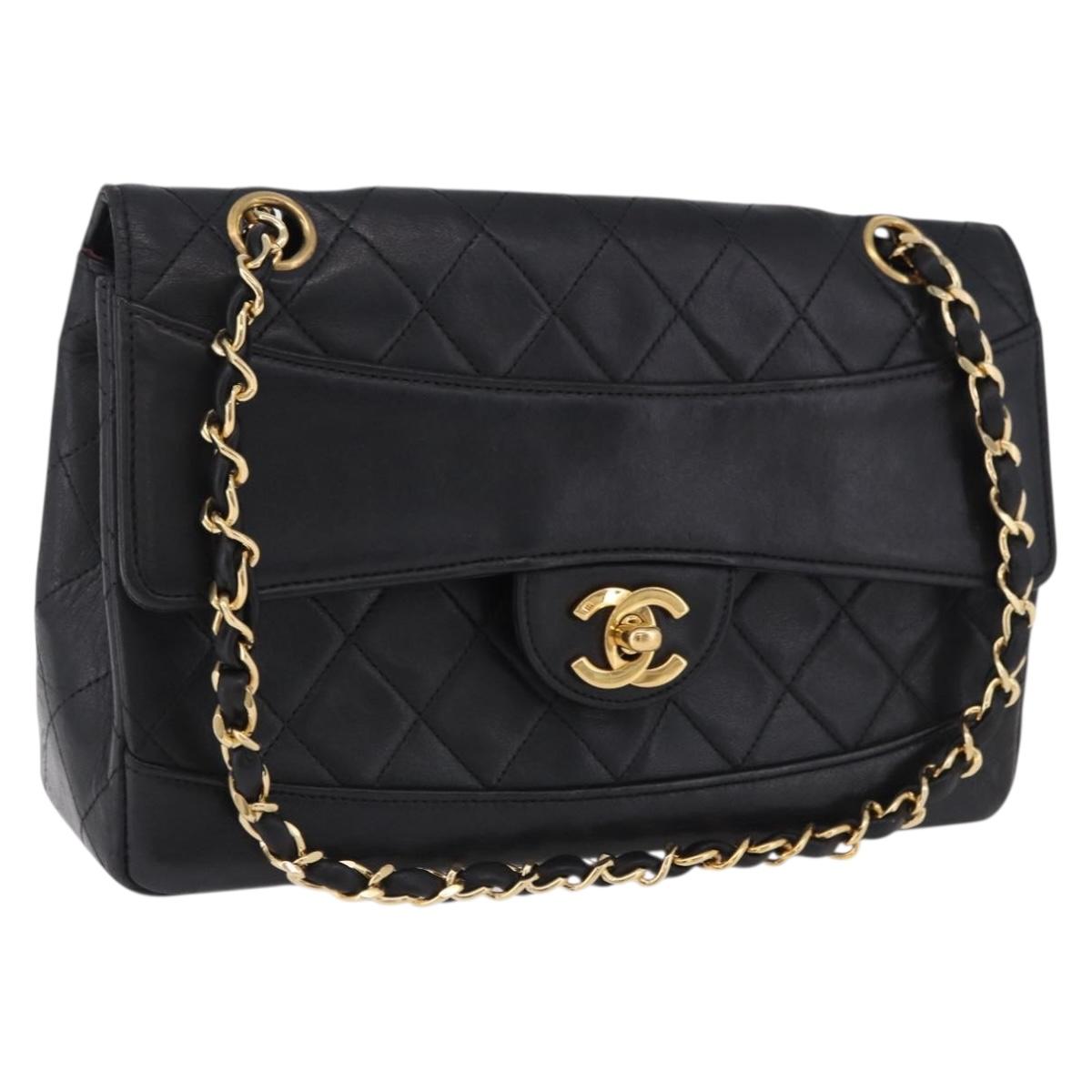 CHANEL Matelasse Chain Shoulder Bag Lamb Skin Black Gold CC Auth 202003SAV