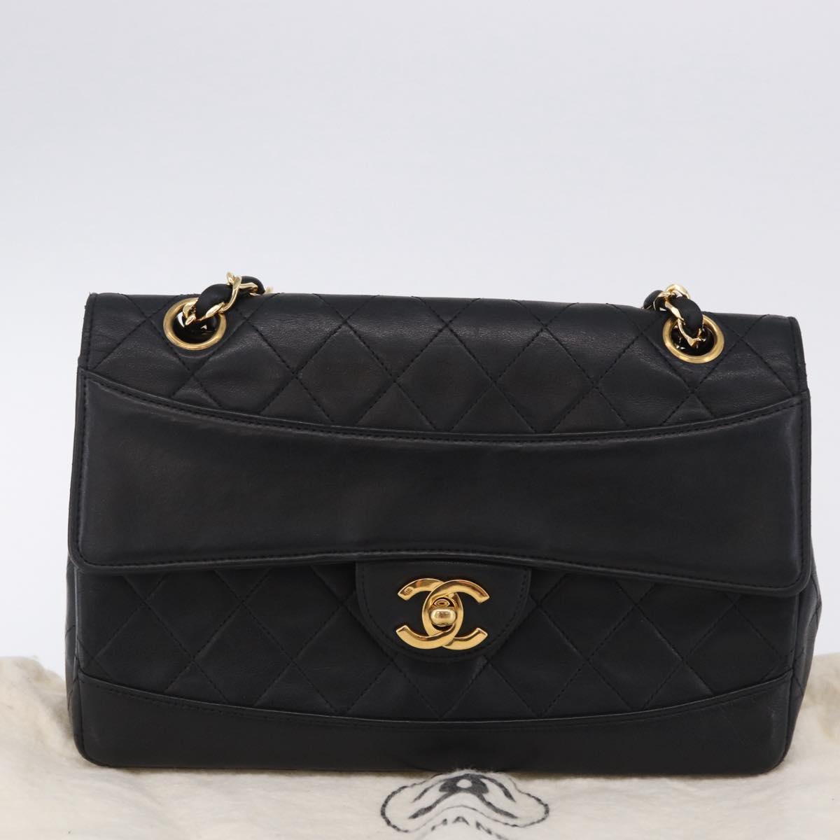 CHANEL Matelasse Chain Shoulder Bag Lamb Skin Black Gold CC Auth 202003SAV