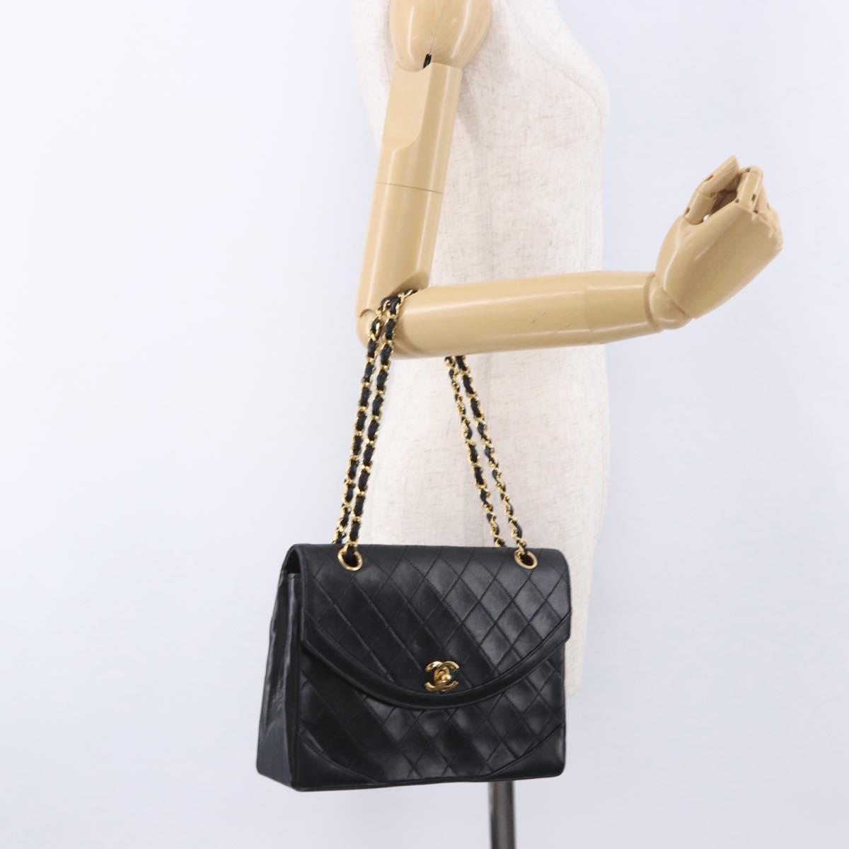 CHANEL Matelasse Chain Shoulder Bag Lamb Skin Black Gold CC Auth 202004SAV