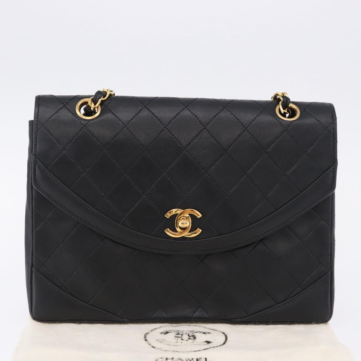 CHANEL Matelasse Chain Shoulder Bag Lamb Skin Black Gold CC Auth 202004SAV