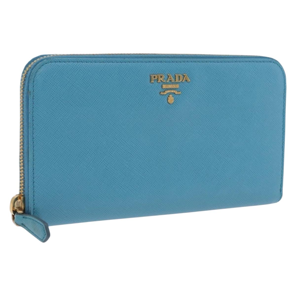 PRADA Long Wallet Safiano Leather Light Blue Gold Auth 202031V