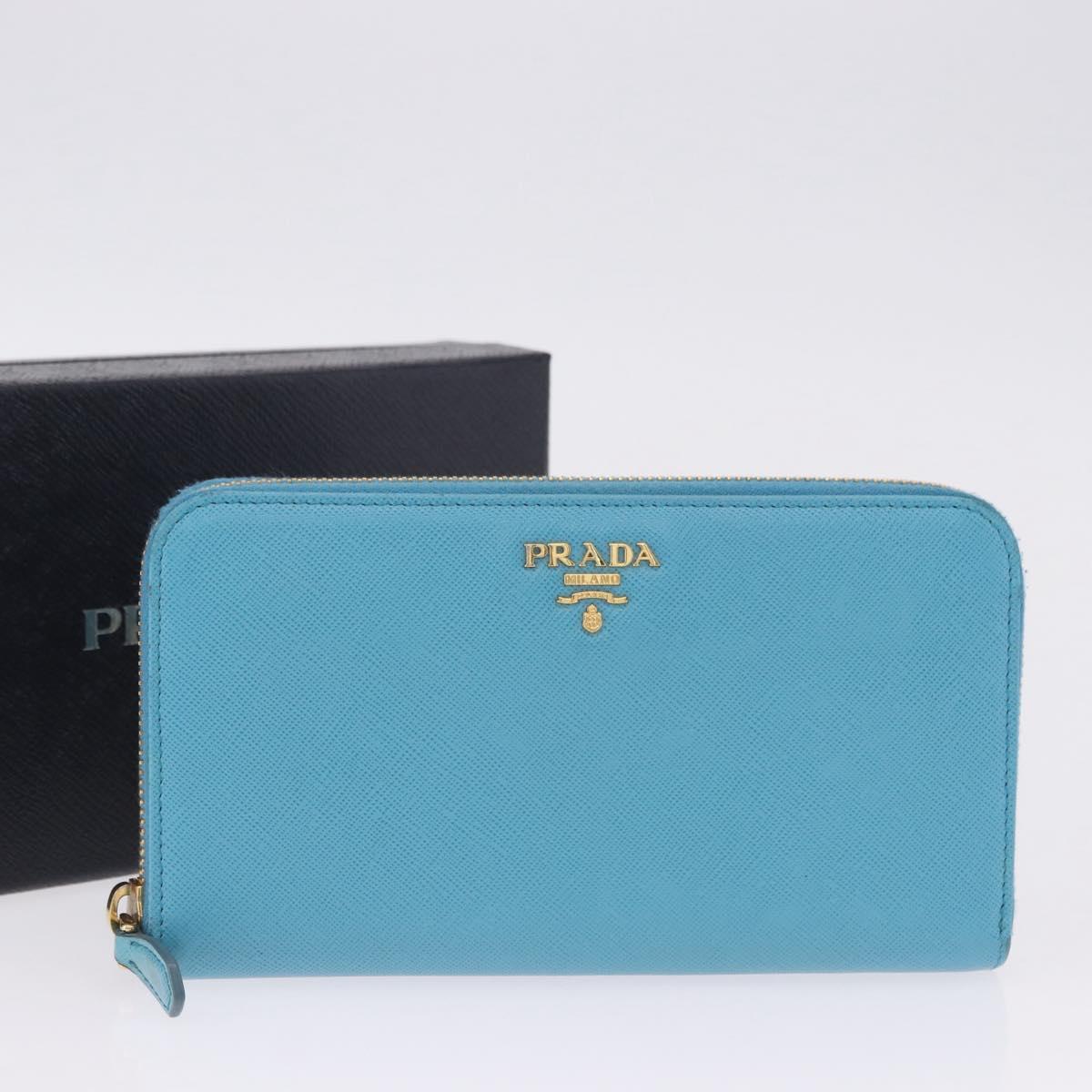 PRADA Long Wallet Safiano Leather Light Blue Gold Auth 202031V