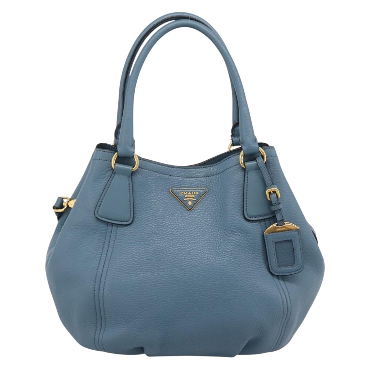 PRADA Hand Bag Leather 2way Light Blue Gold Tone Auth 202074V
