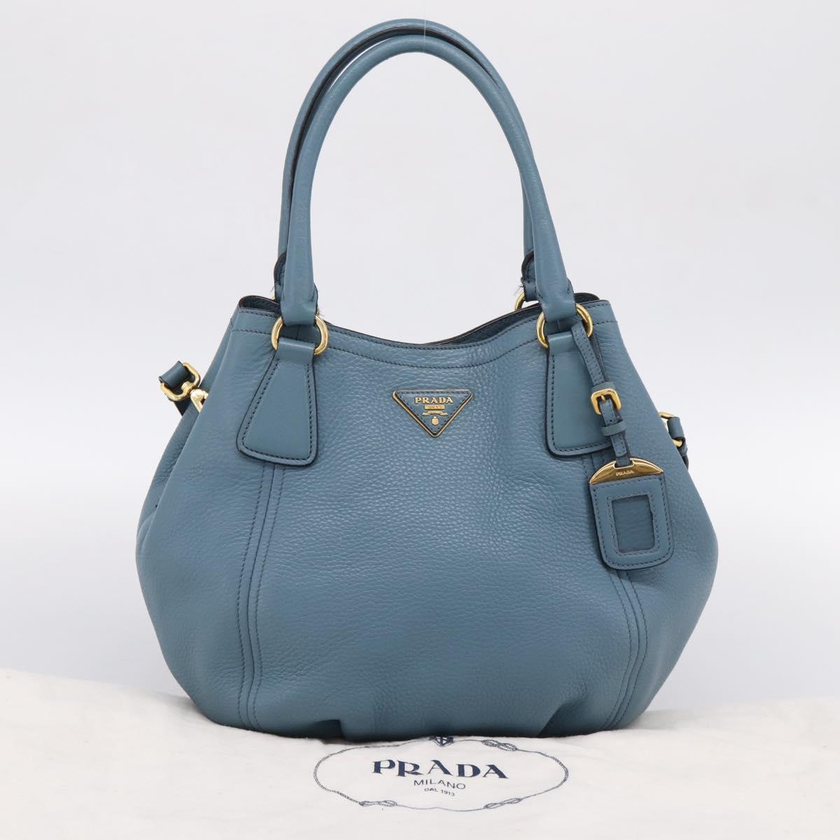PRADA Hand Bag Leather 2way Light Blue Gold Tone Auth 202074V