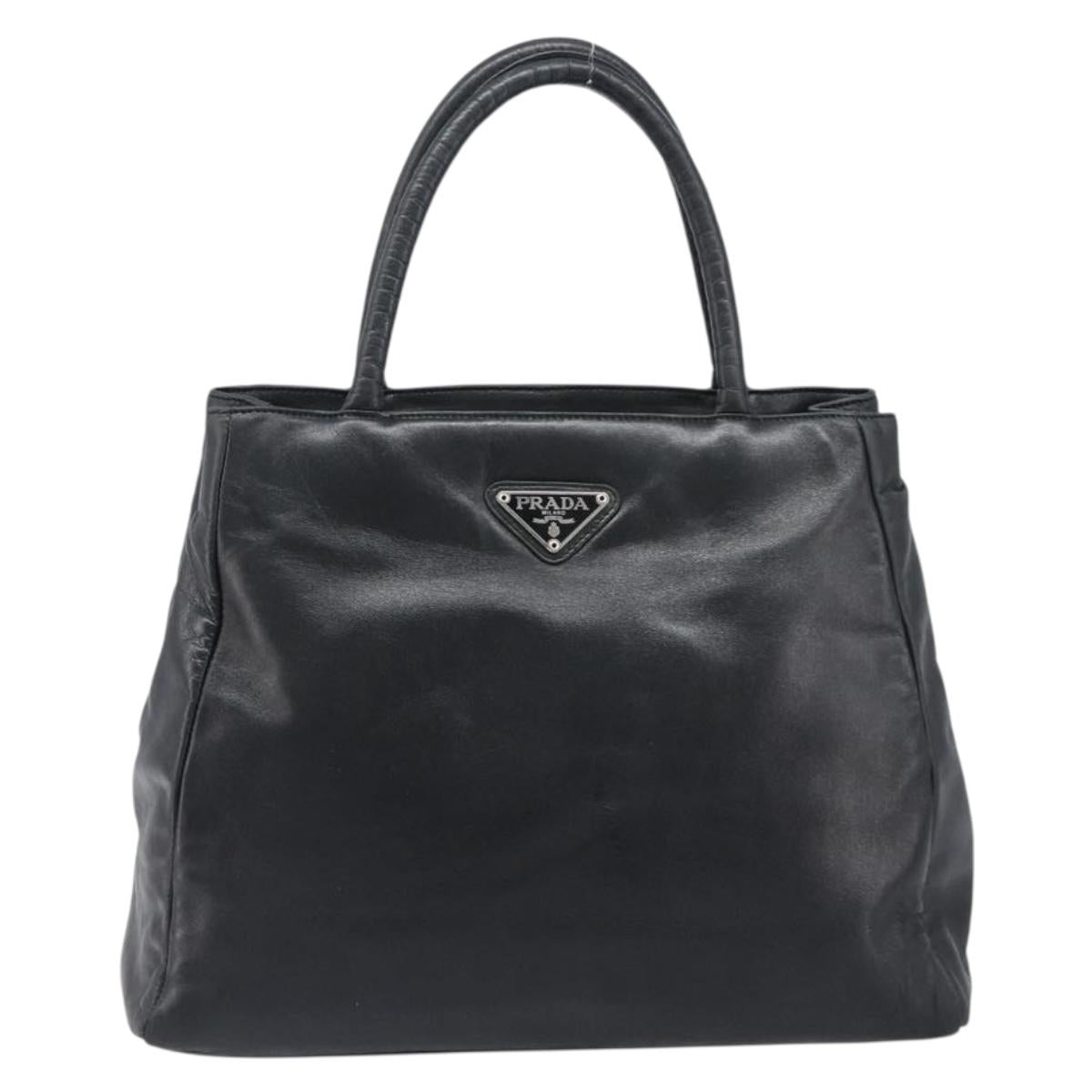 PRADA Hand Bag Leather Black Silver Auth 202075A