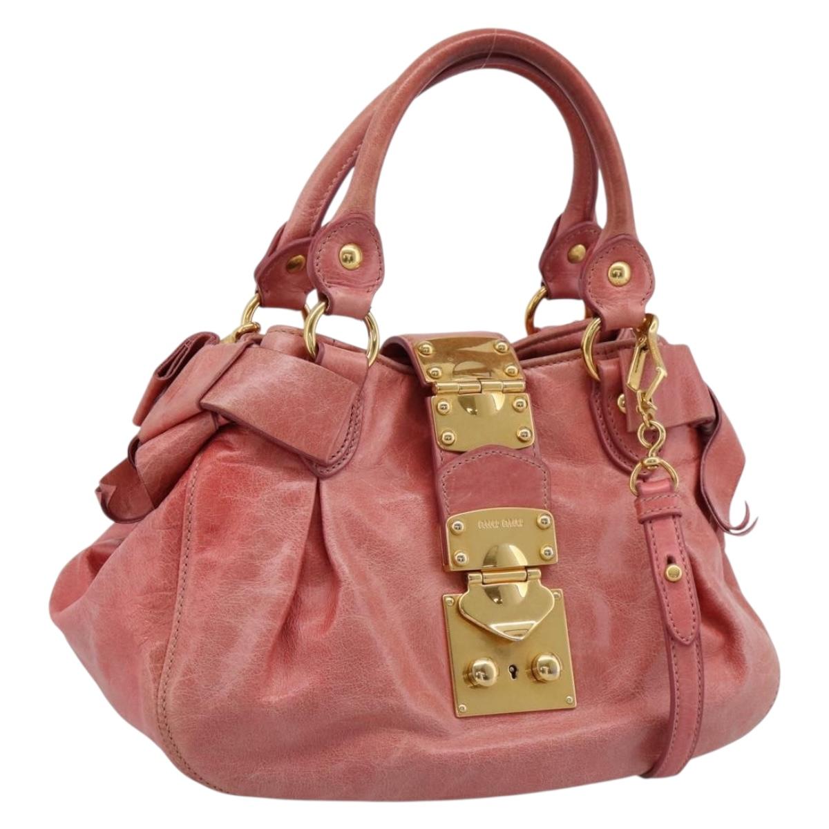 Miu Miu Vitellolux Hand Bag Leather 2way Pink Gold Tone Auth 202077V