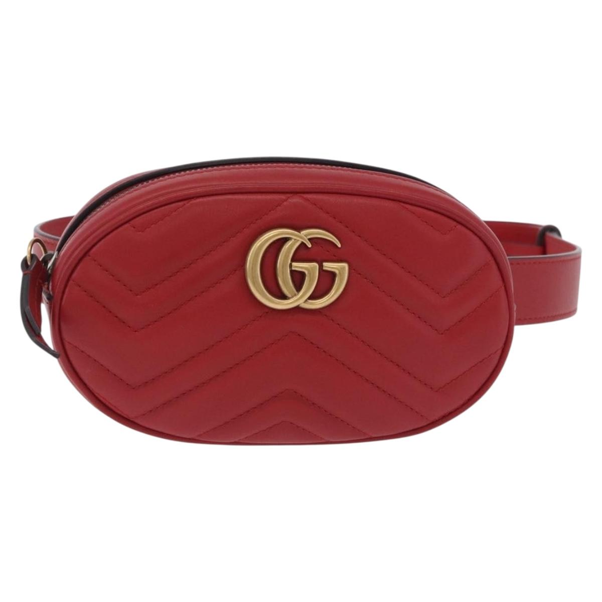 GUCCI GG Marmont Waist Bag Leather Red Gold Tone 476434 Auth 202090V