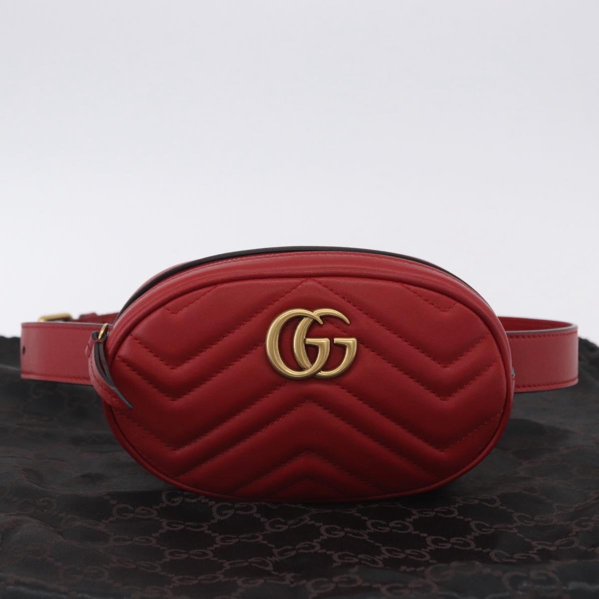 GUCCI GG Marmont Waist Bag Leather Red Gold Tone 476434 Auth 202090V