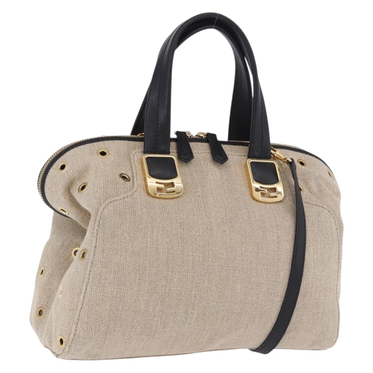 FENDI Chameleon Hand Bag Canvas 2way Beige Gold Tone 8BL114 Auth 202092