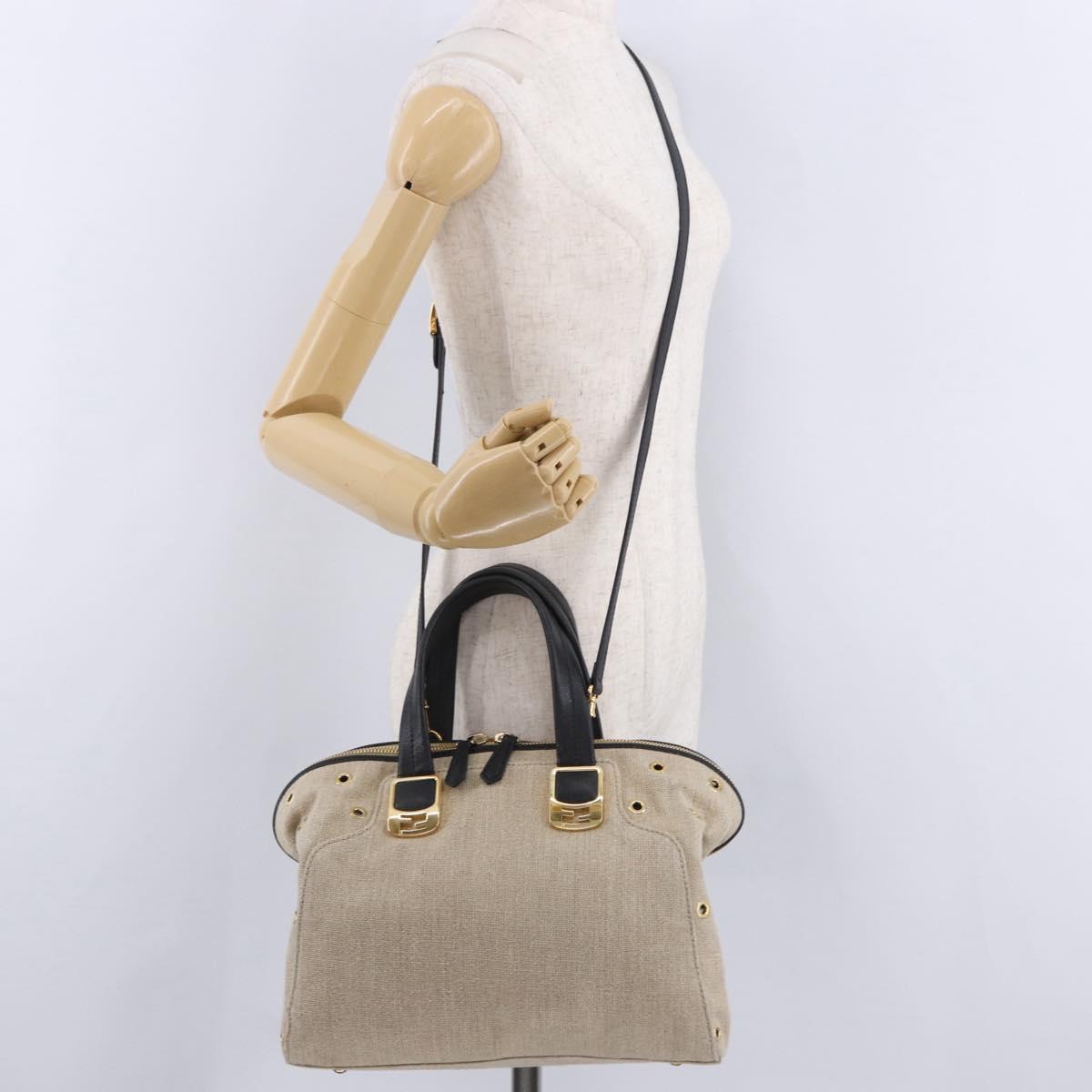 FENDI Chameleon Hand Bag Canvas 2way Beige Gold Tone 8BL114 Auth 202092