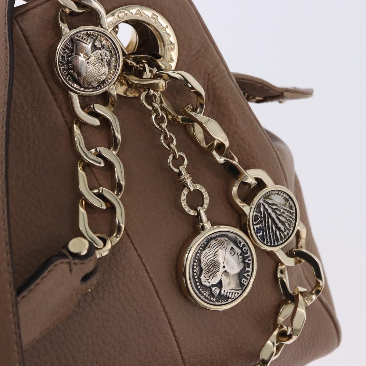 BVLGARI Chain Shoulder Tote Bag Leather 2way Beige Gold Tone Auth 202093A