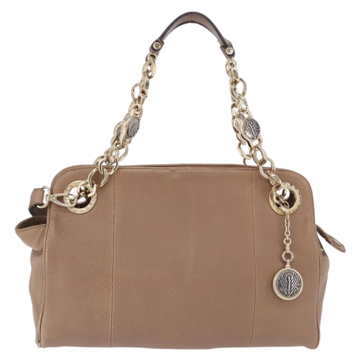 BVLGARI Chain Shoulder Tote Bag Leather 2way Beige Gold Tone Auth 202093A