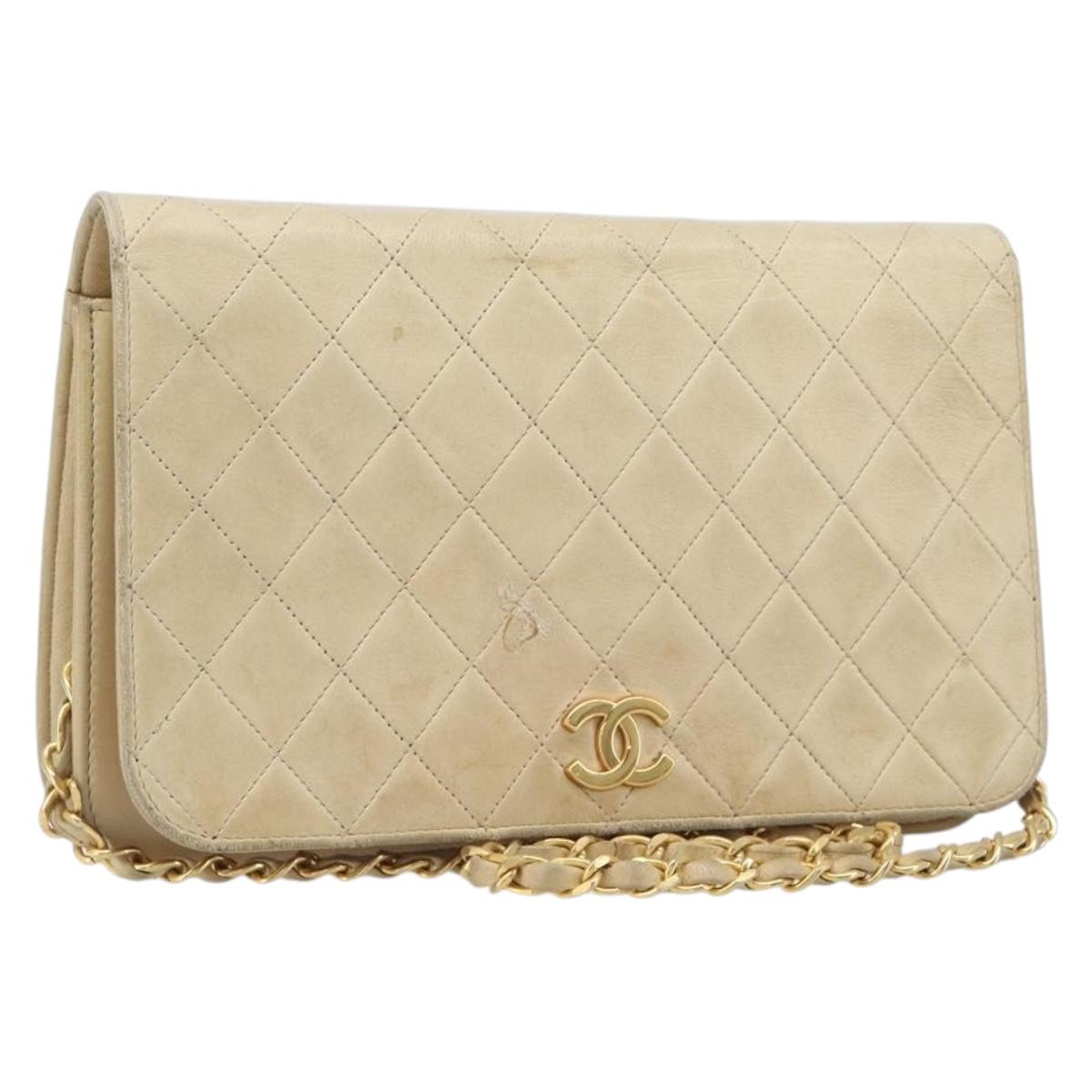CHANEL Matelasse Chain Shoulder Bag Lamb Skin Beige Gold Tone CC Auth 202094