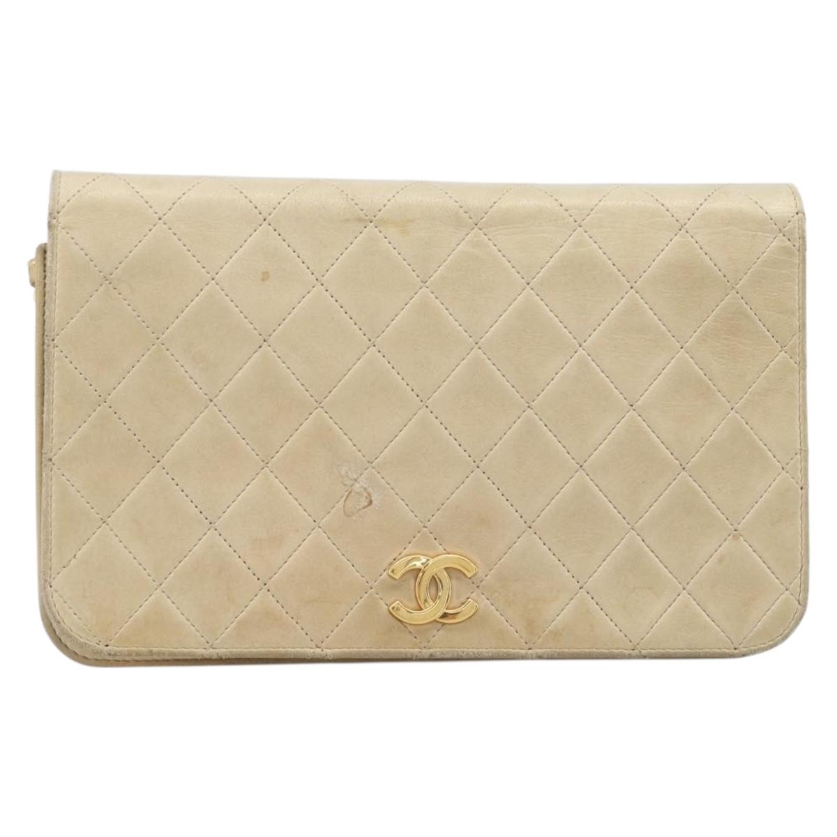 CHANEL Matelasse Chain Shoulder Bag Lamb Skin Beige Gold Tone CC Auth 202094