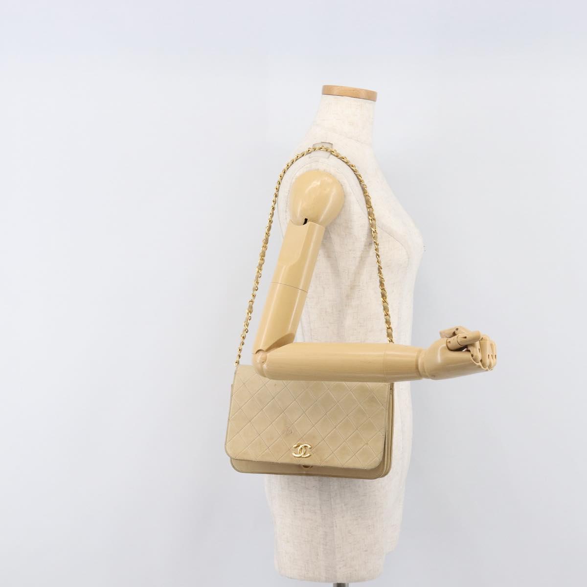 CHANEL Matelasse Chain Shoulder Bag Lamb Skin Beige Gold Tone CC Auth 202094