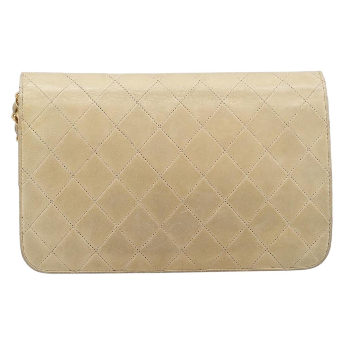 CHANEL Matelasse Chain Shoulder Bag Lamb Skin Beige Gold Tone CC Auth 202094