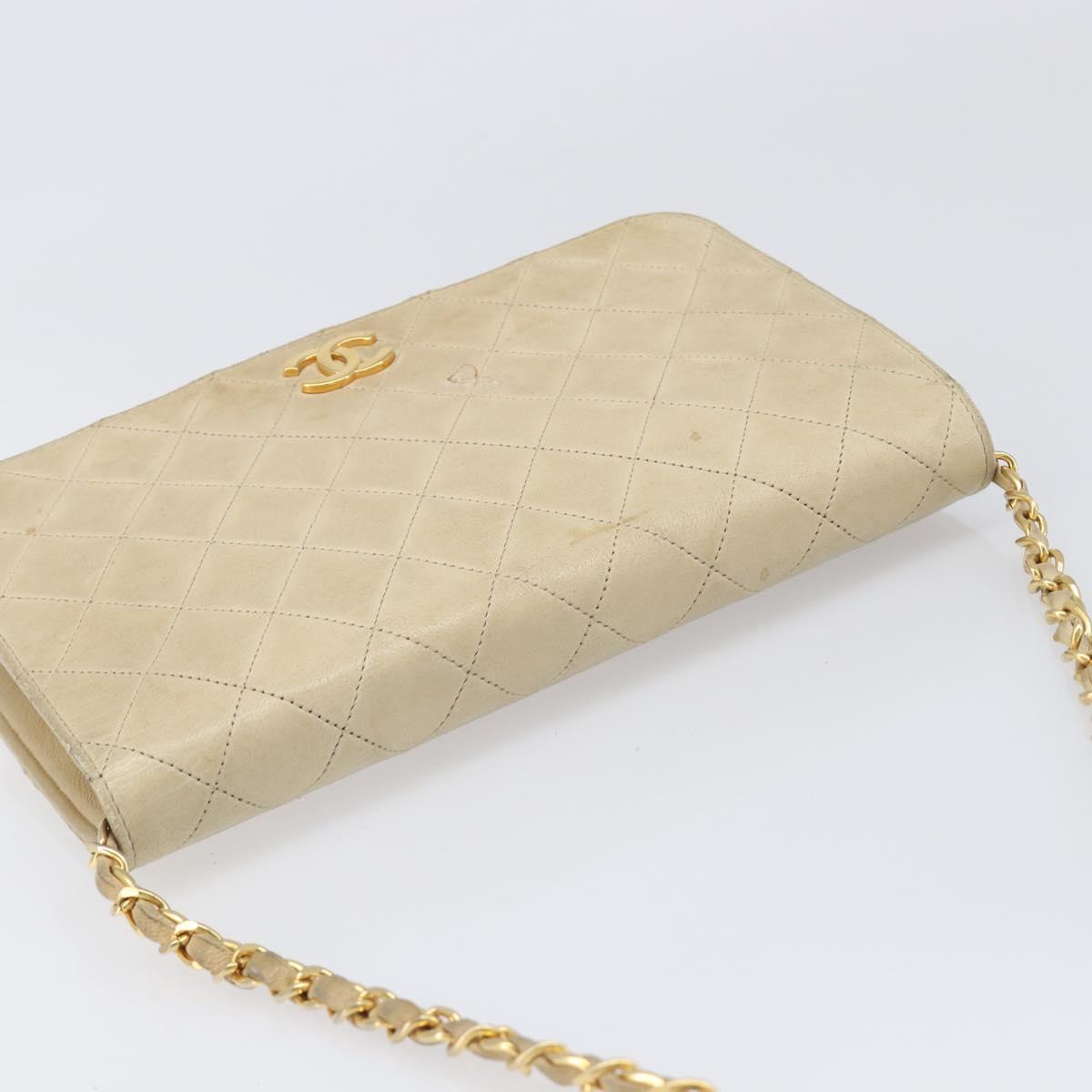 CHANEL Matelasse Chain Shoulder Bag Lamb Skin Beige Gold Tone CC Auth 202094