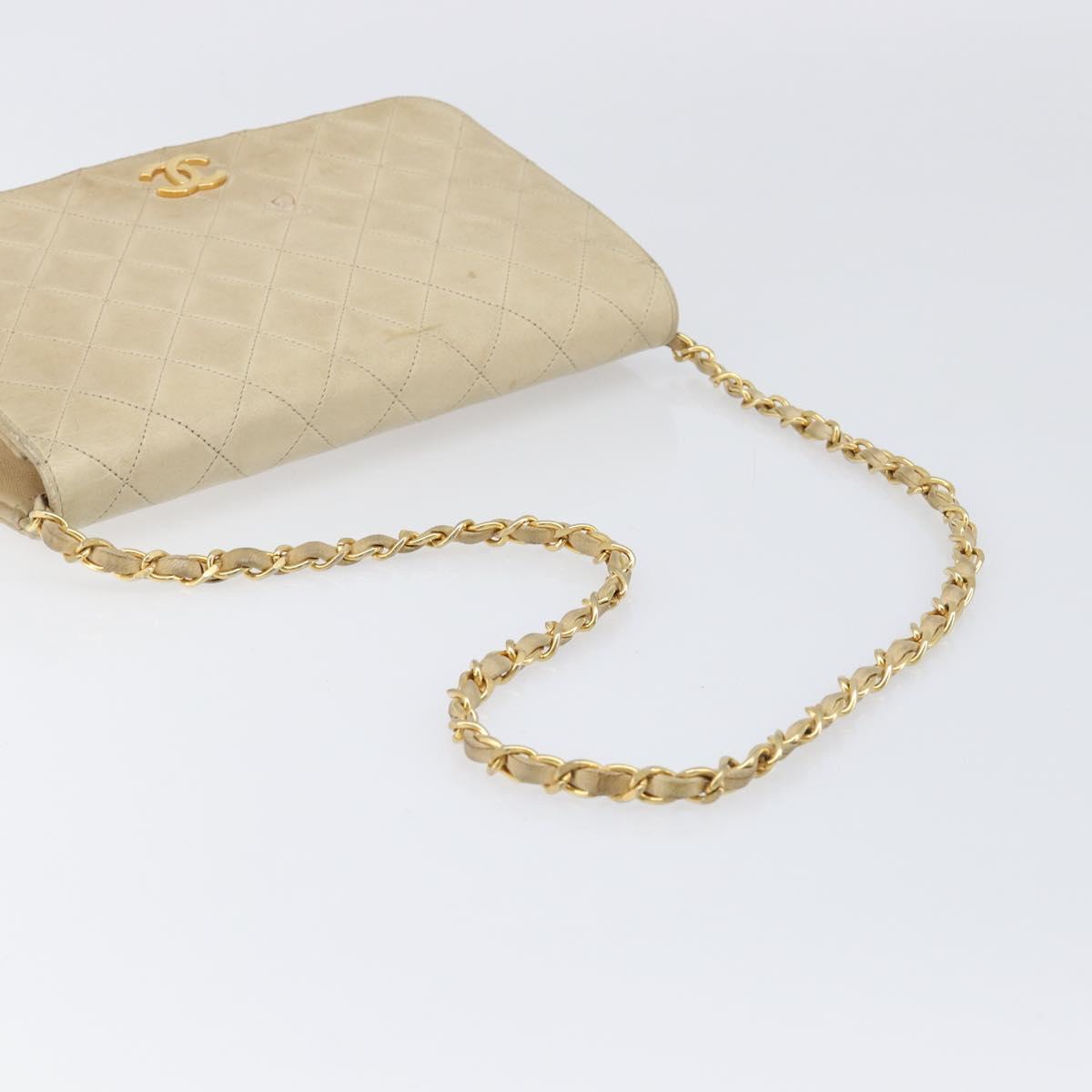 CHANEL Matelasse Chain Shoulder Bag Lamb Skin Beige Gold Tone CC Auth 202094
