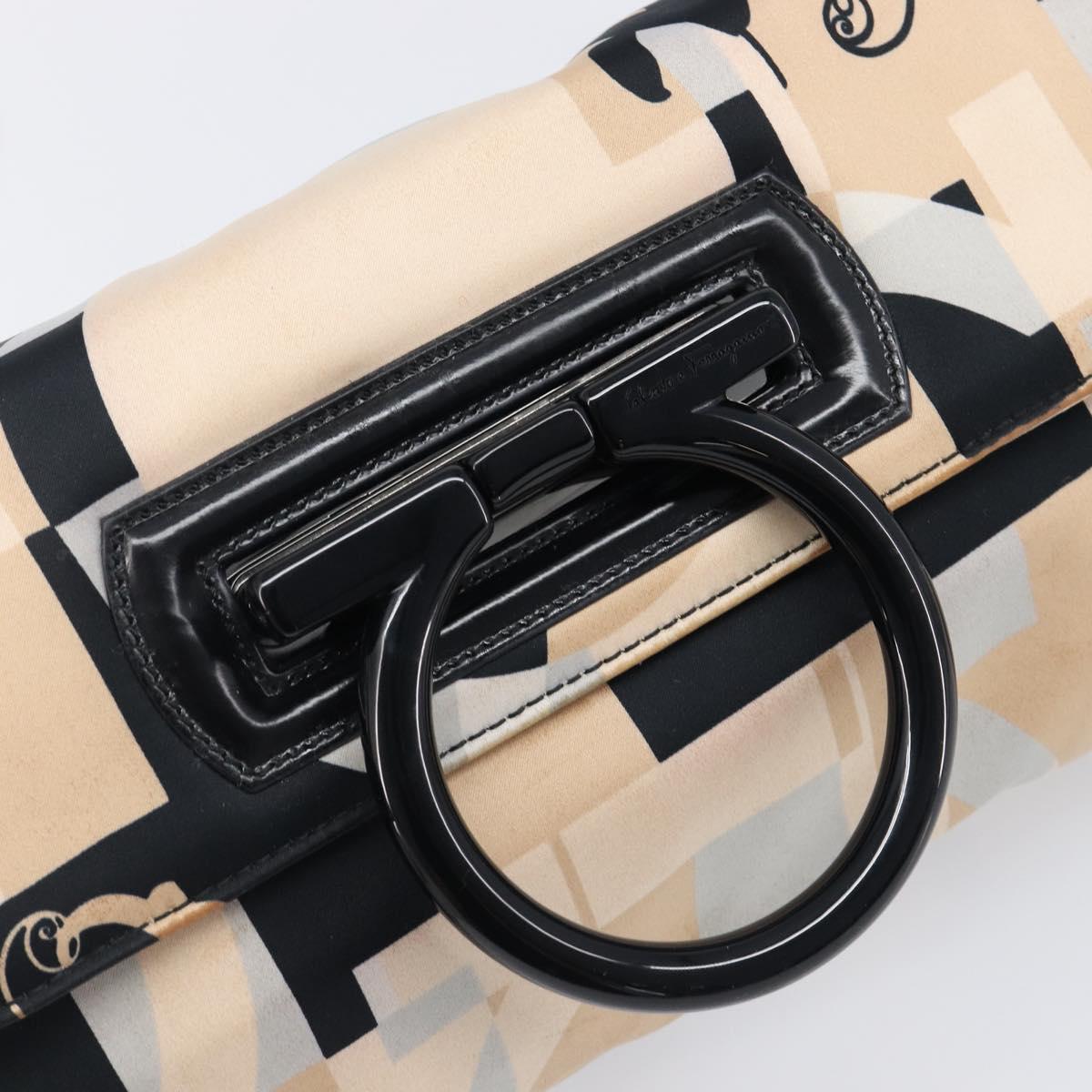 Salvatore Ferragamo Gancini Shoulder Bag Satin Beige Black Auth 202099