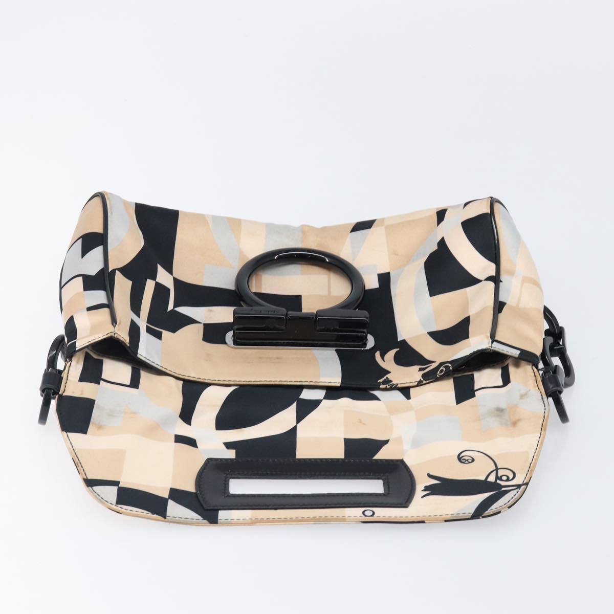 Salvatore Ferragamo Gancini Shoulder Bag Satin Beige Black Auth 202099