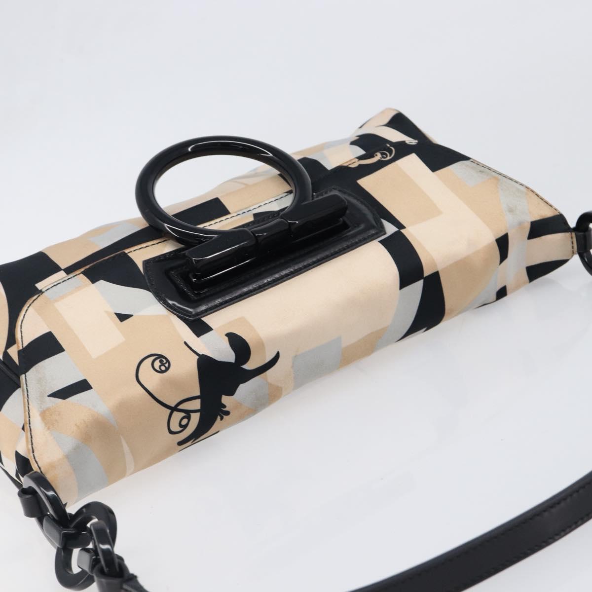 Salvatore Ferragamo Gancini Shoulder Bag Satin Beige Black Auth 202099
