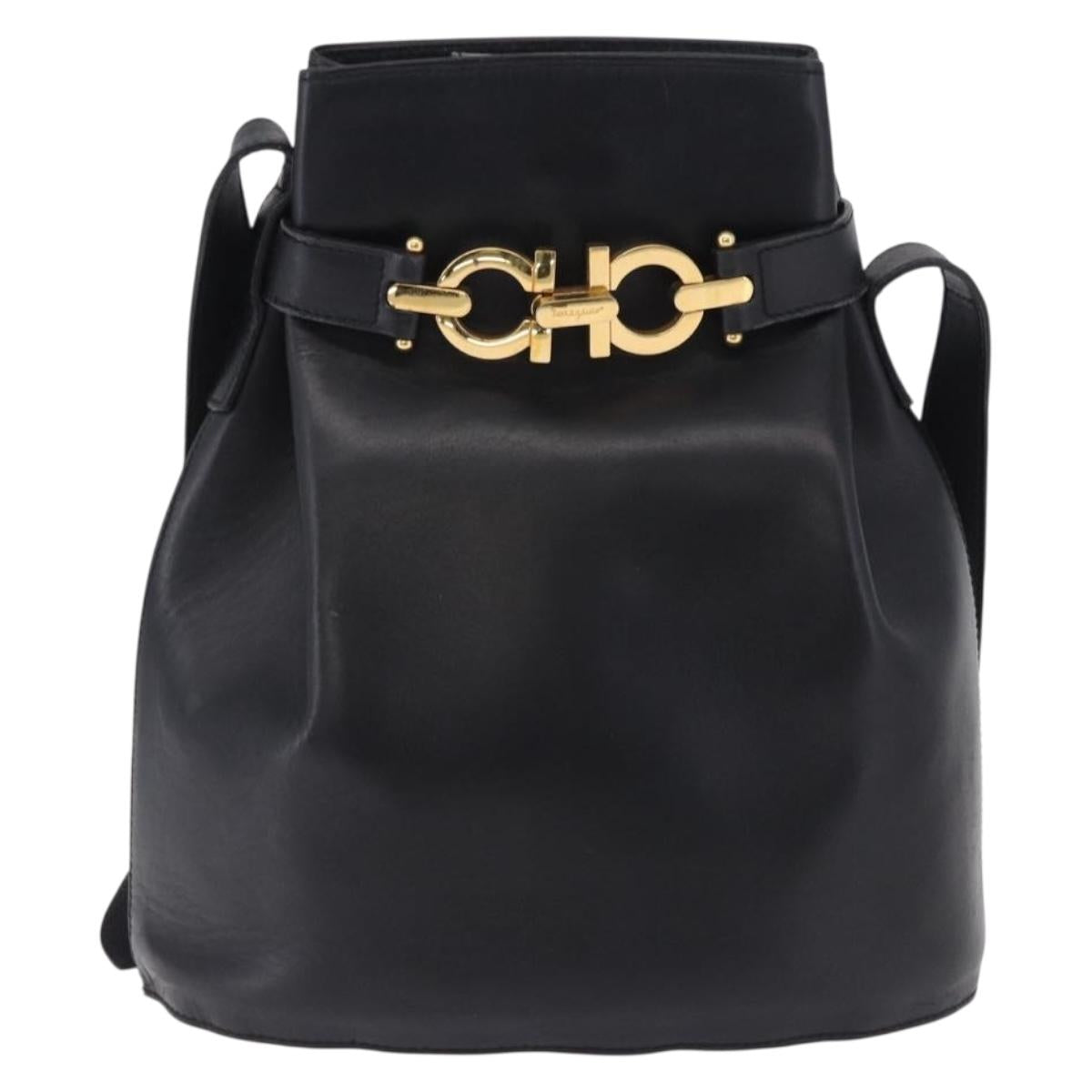 Salvatore Ferragamo Gancini Shoulder Bag Leather Black Gold Tone Auth 202100
