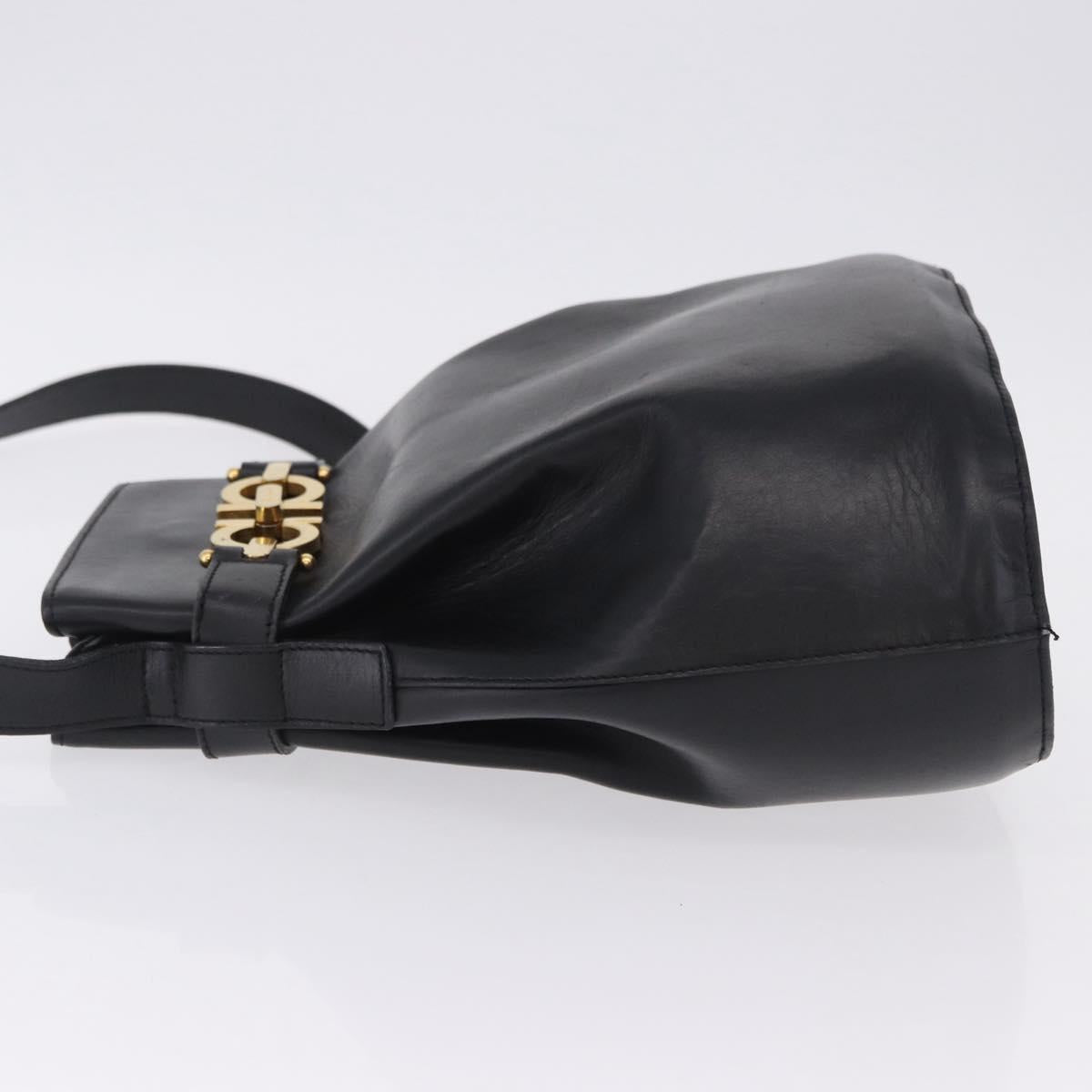 Salvatore Ferragamo Gancini Shoulder Bag Leather Black Gold Tone Auth 202100