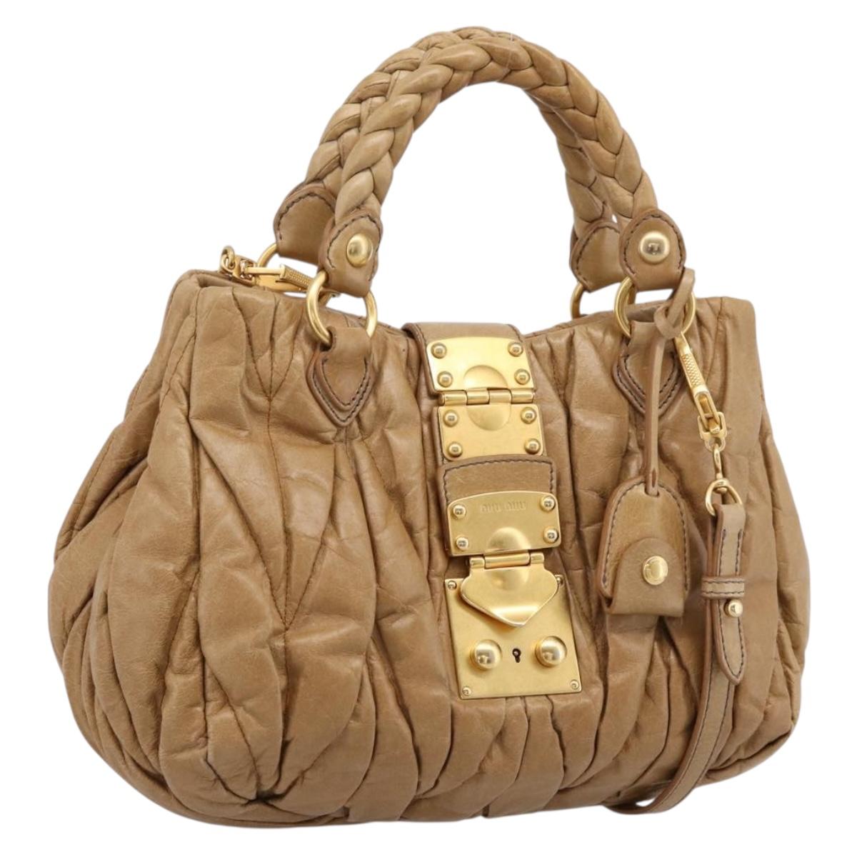 Miu Miu Vitellolux Matelasse Hand Bag Leather 2way Brown Gold Tone Auth 202111V