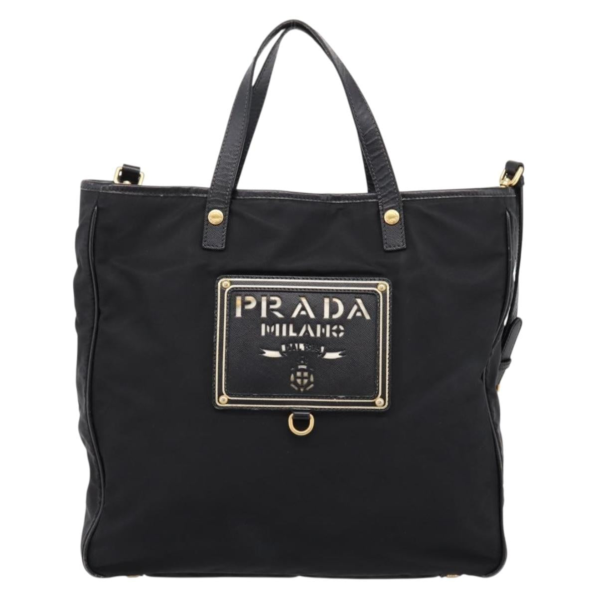 PRADA Hand Bag Nylon 2way Black Gold Tone Auth 202114