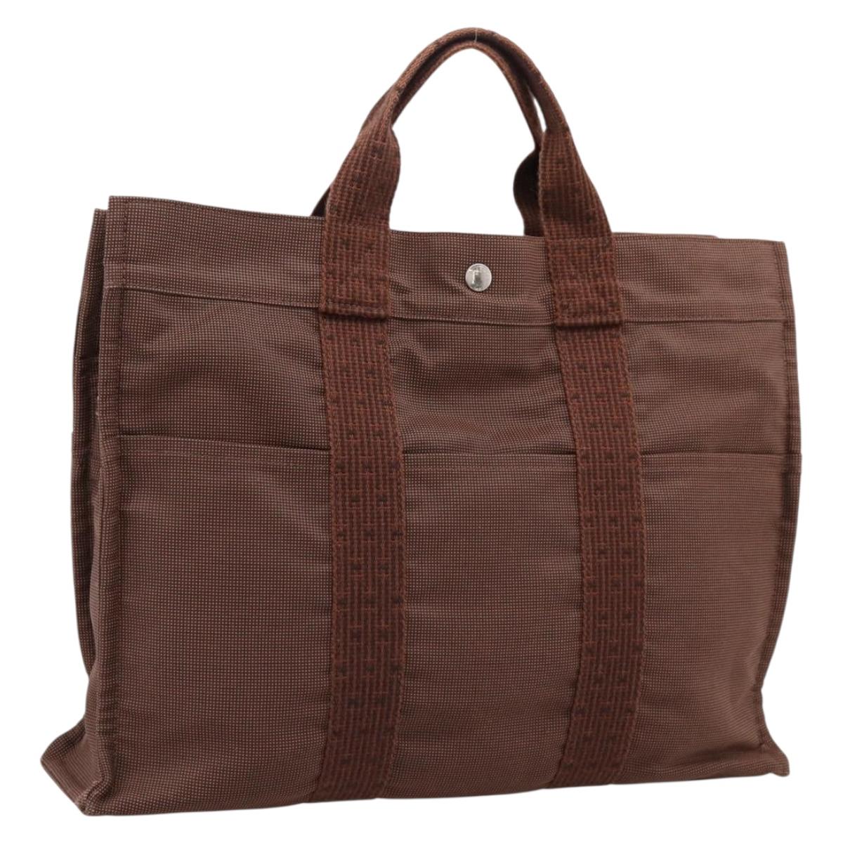 HERMES Her Line MM Hand Bag Canvas Brown Silver Auth 202116