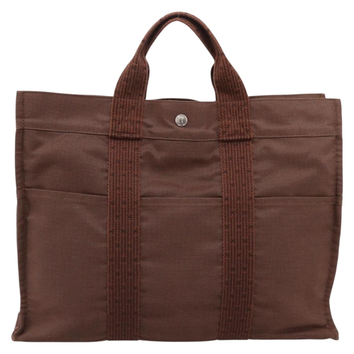 HERMES Her Line MM Hand Bag Canvas Brown Silver Auth 202116