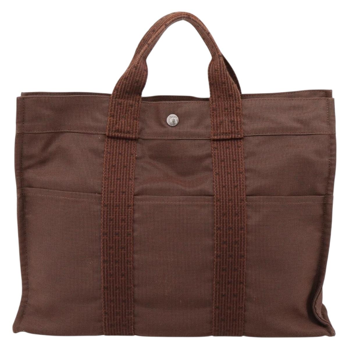 HERMES Her Line MM Hand Bag Canvas Brown Silver Auth 202116