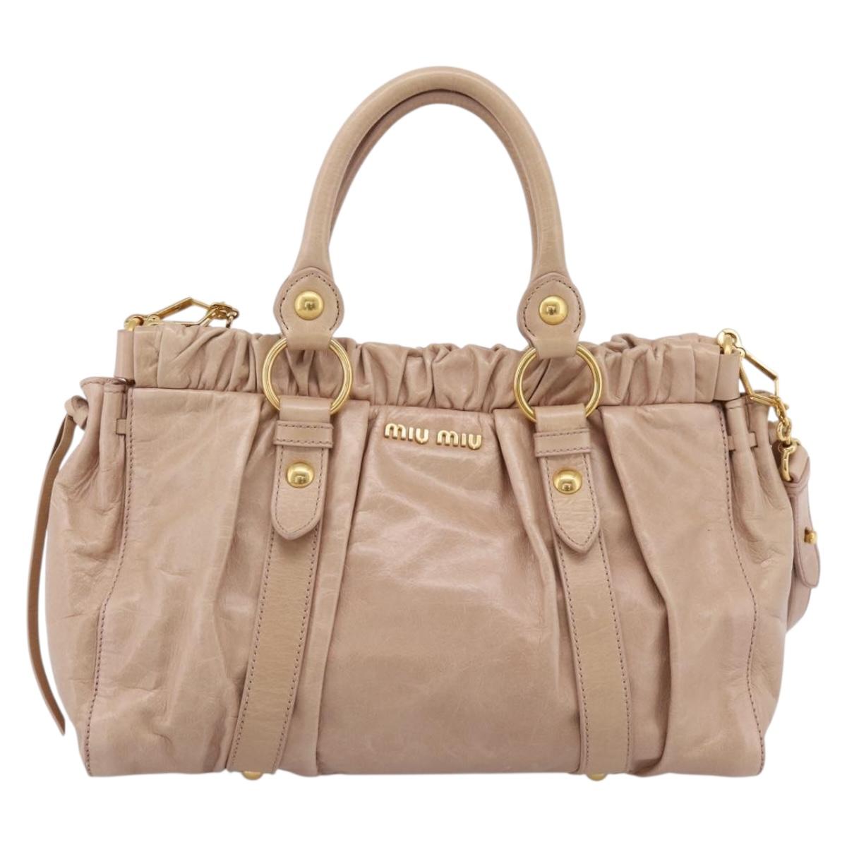 Miu Miu Vitellolux Hand Bag Leather 2way Beige Gold Auth 202127V
