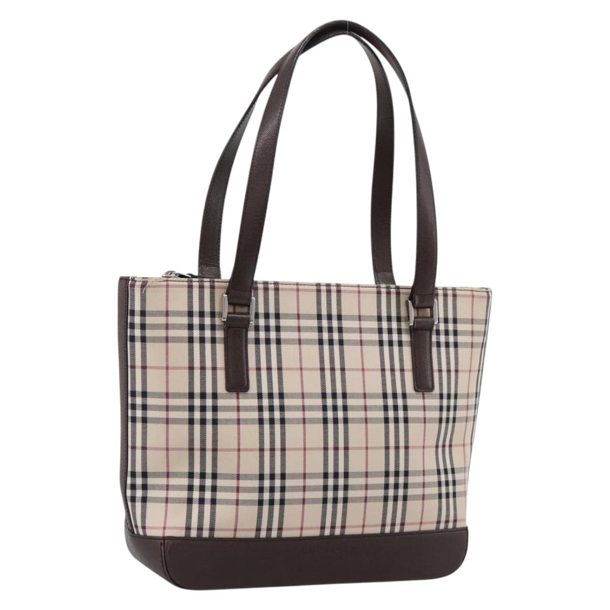 BURBERRY Nova Check Hand Bag Canvas Beige Silver Auth 202135