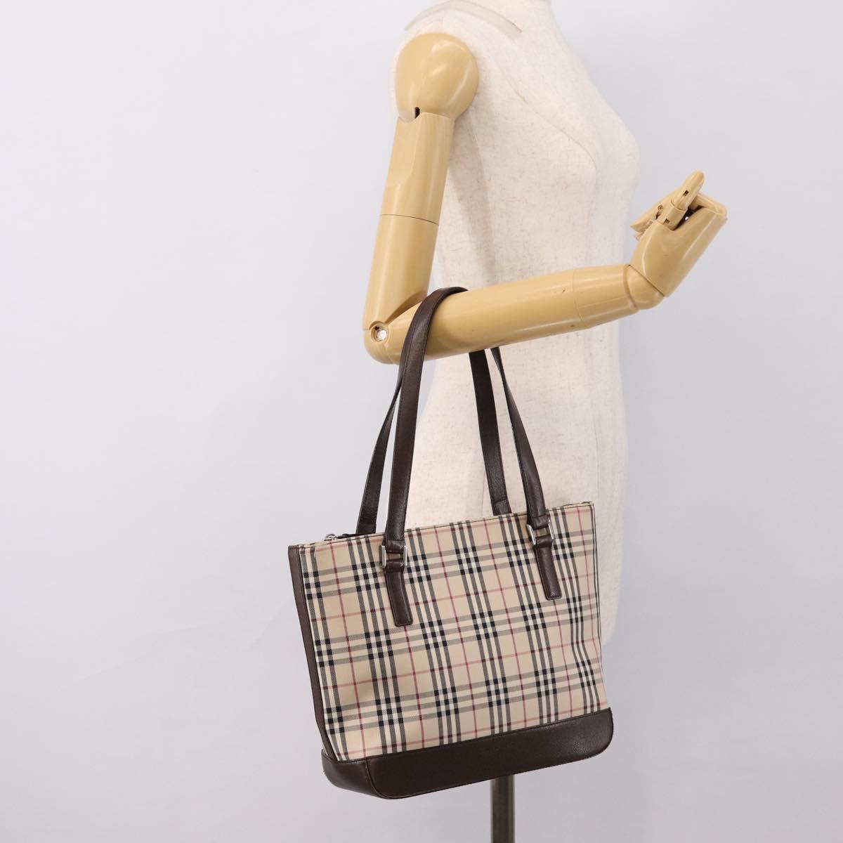 BURBERRY Nova Check Hand Bag Canvas Beige Silver Auth 202135