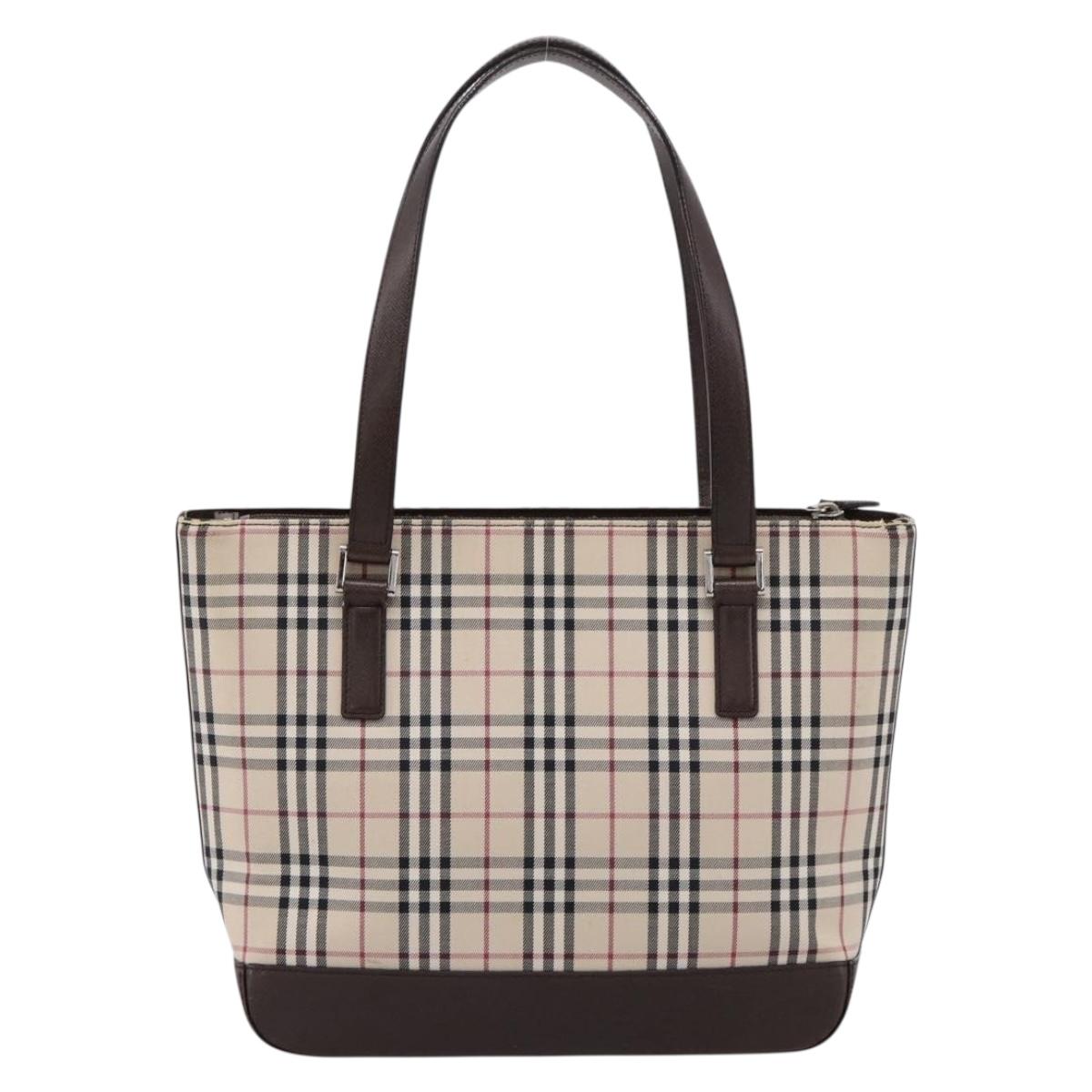 BURBERRY Nova Check Hand Bag Canvas Beige Silver Auth 202135