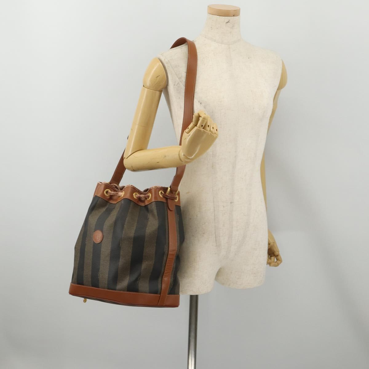 FENDI Pecan Shoulder Bag PVC Leather Brown Gold Tone Auth 202139