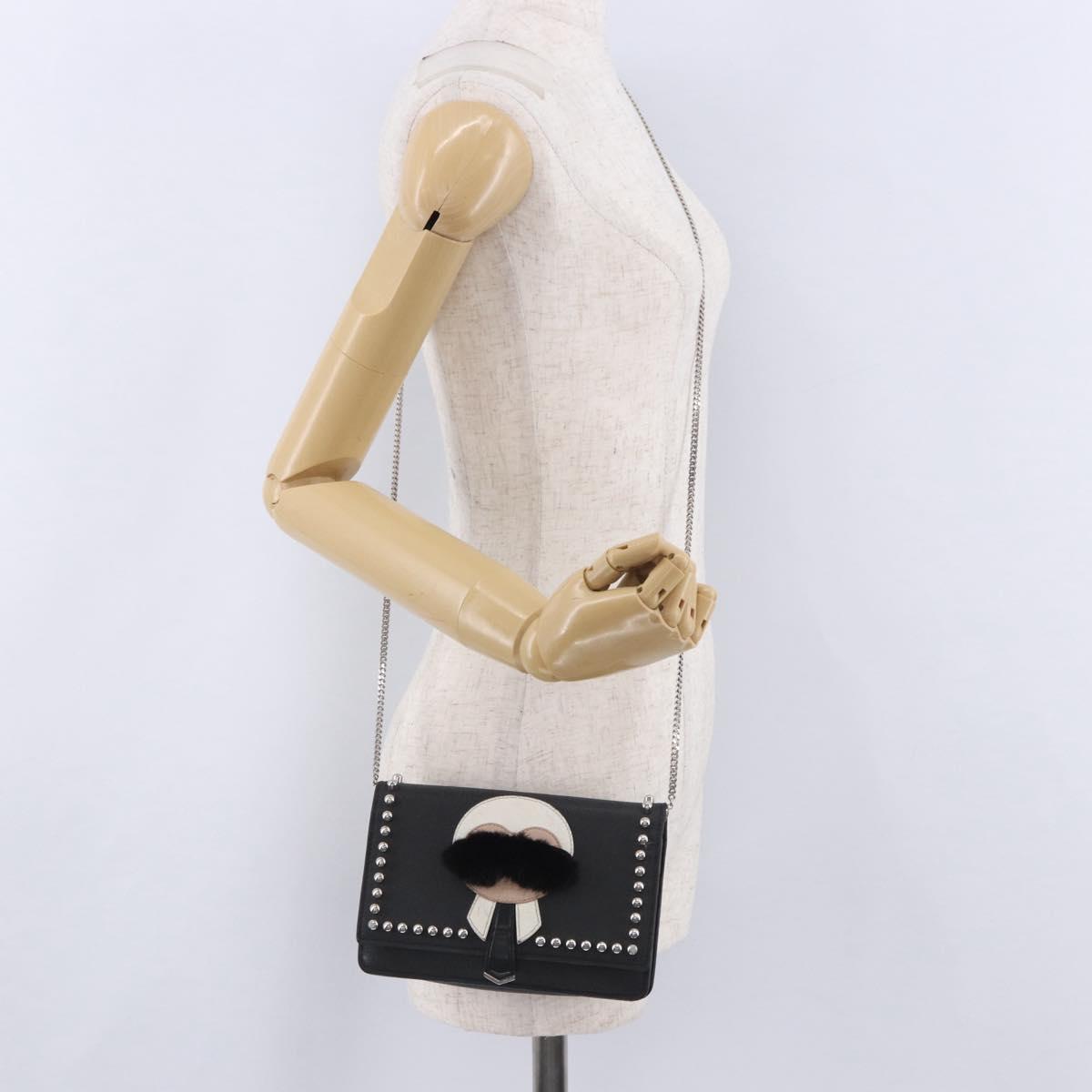 FENDI Chain Shoulder Bag Leather Black Silver 8M0346 Auth 202140