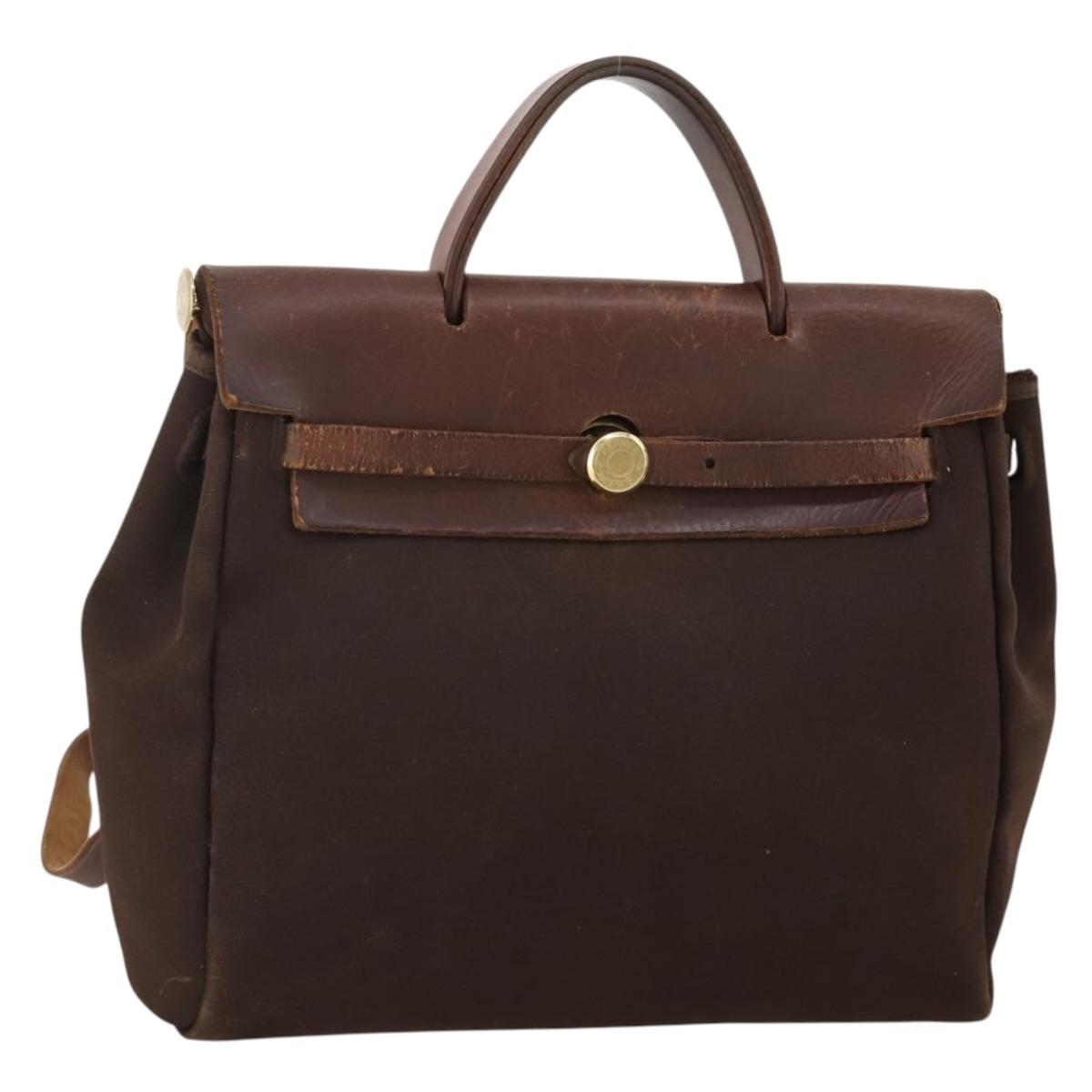 HERMES Herbag Ad Backpack Canvas 2way Brown Gold Tone Auth 202155