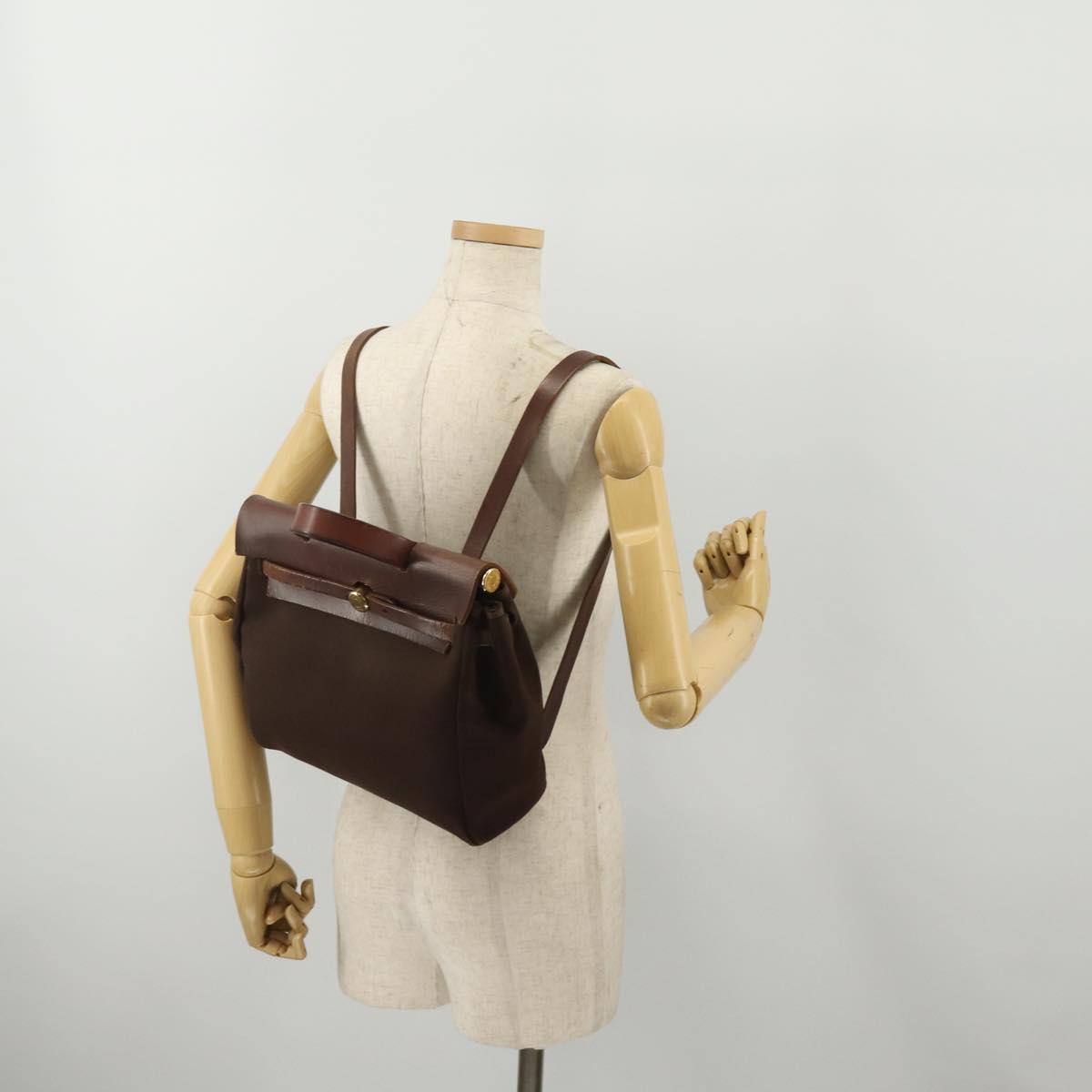 HERMES Herbag Ad Backpack Canvas 2way Brown Gold Tone Auth 202155