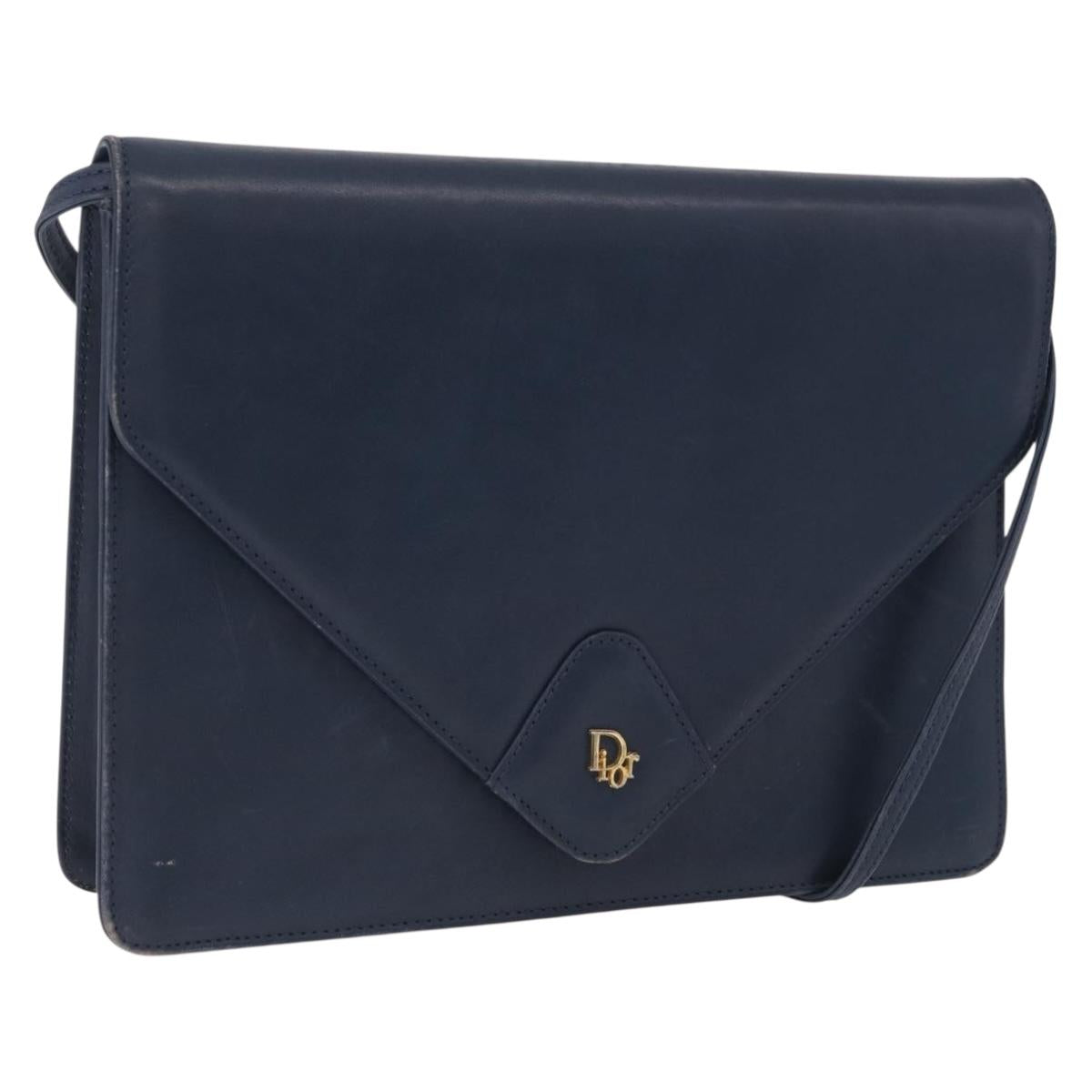 Christian Dior Shoulder Bag Leather Navy Gold Tone Auth 202161