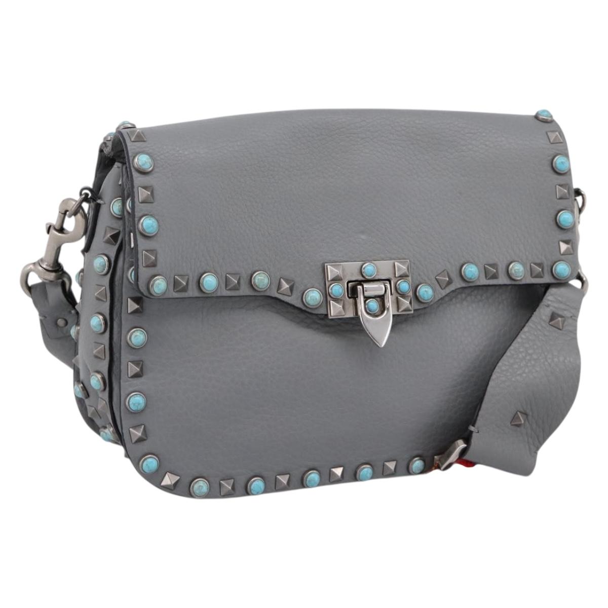 VALENTINO Shoulder Bag Leather Gray Blue Auth 202167