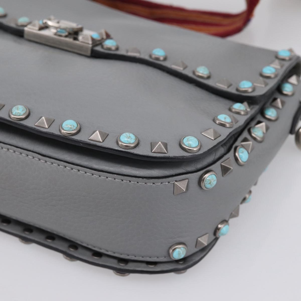 VALENTINO Shoulder Bag Leather Gray Blue Auth 202167