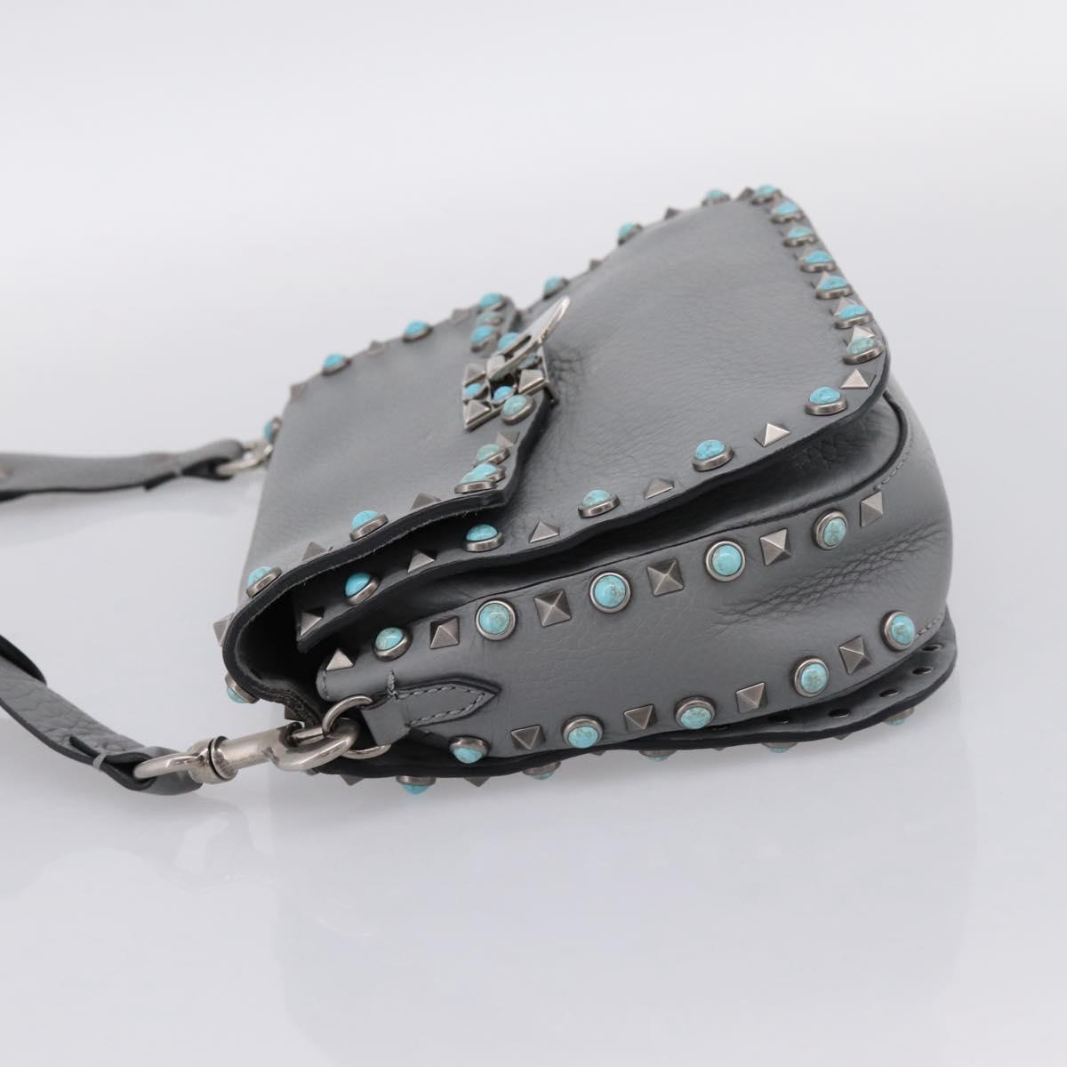 VALENTINO Shoulder Bag Leather Gray Blue Auth 202167