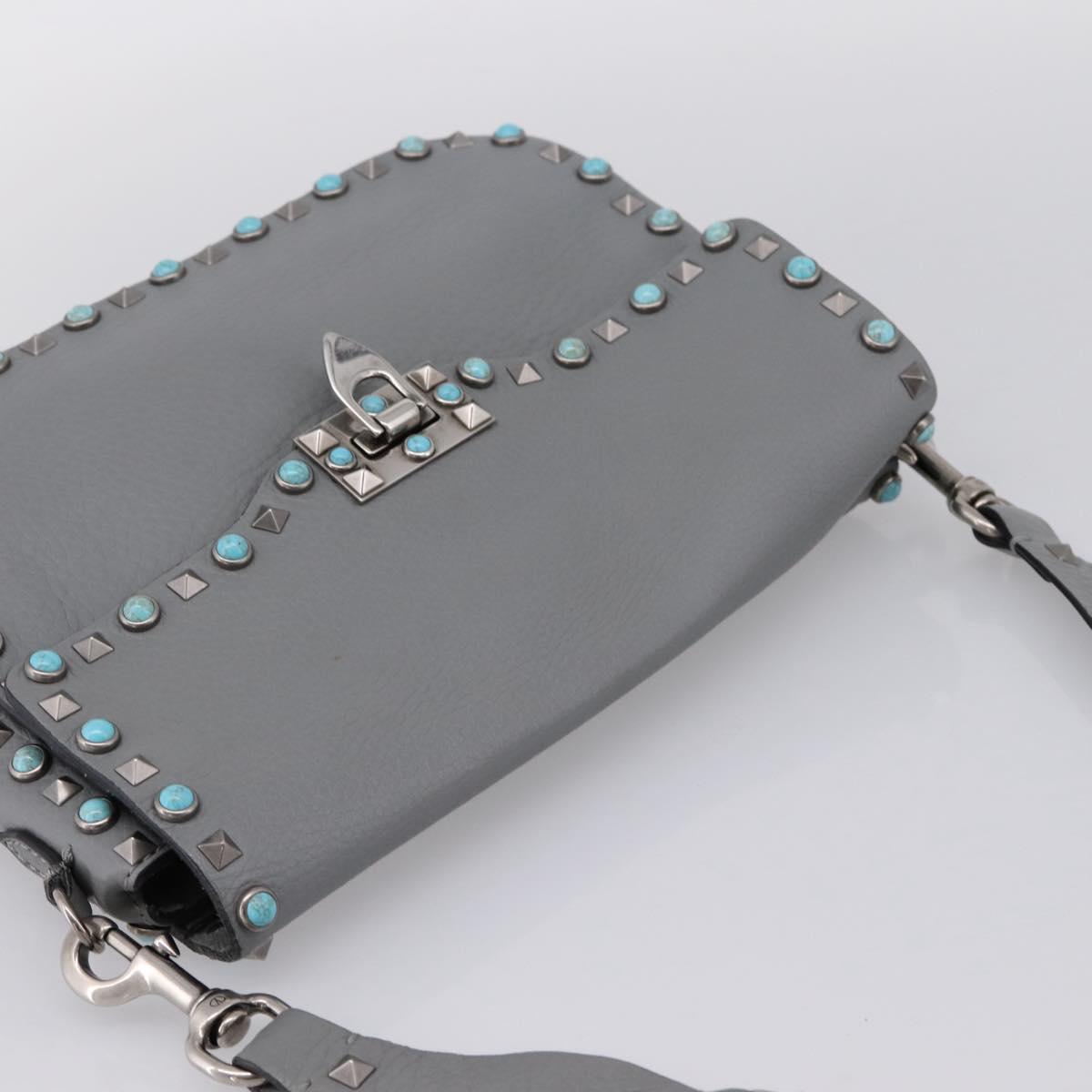 VALENTINO Shoulder Bag Leather Gray Blue Auth 202167