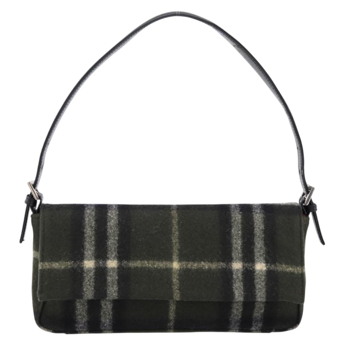 Burberrys Nova Check Shoulder Bag Wool Green Silver Auth 202175A