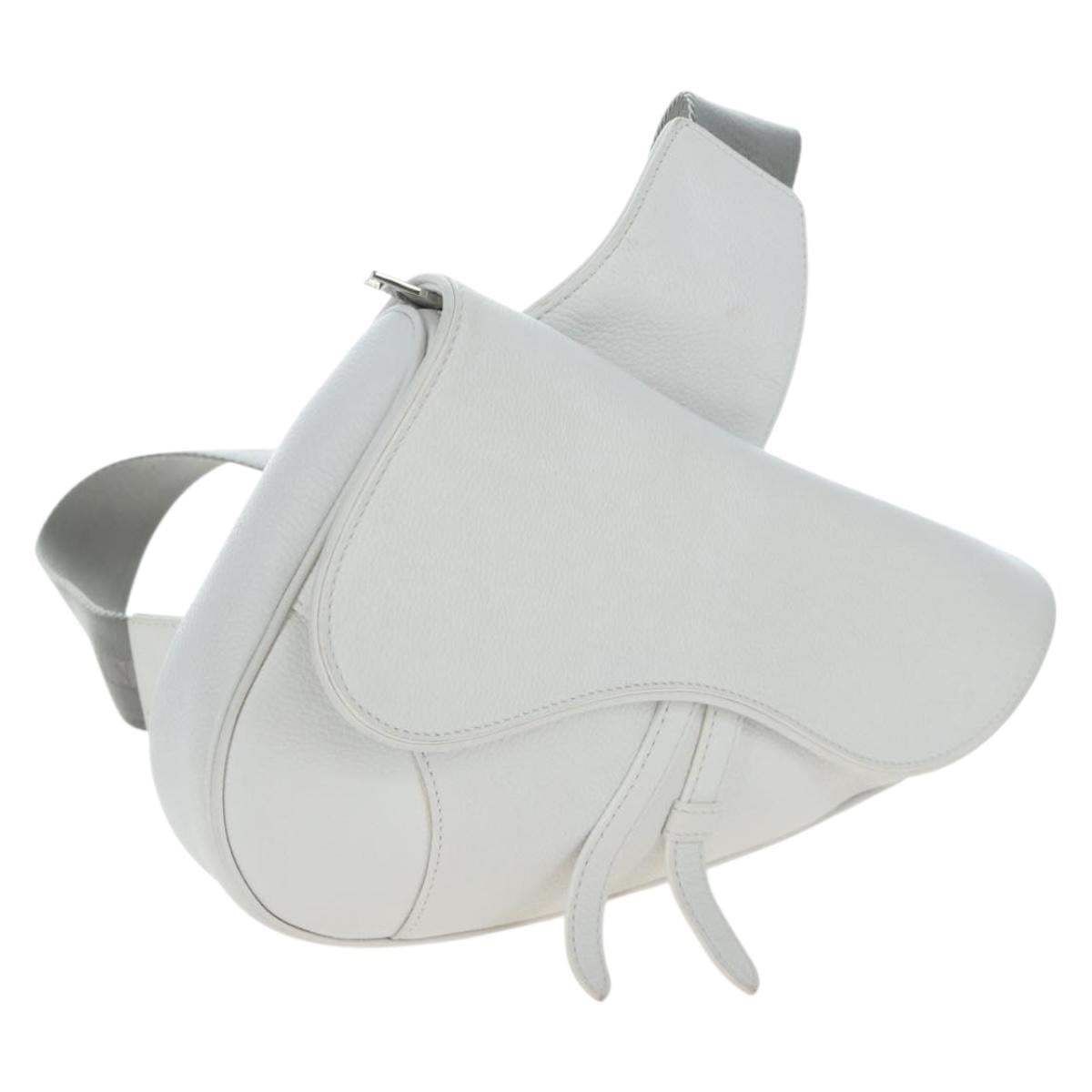 Christian Dior Saddle Shoulder Bag Leather White Silver Auth 202179V
