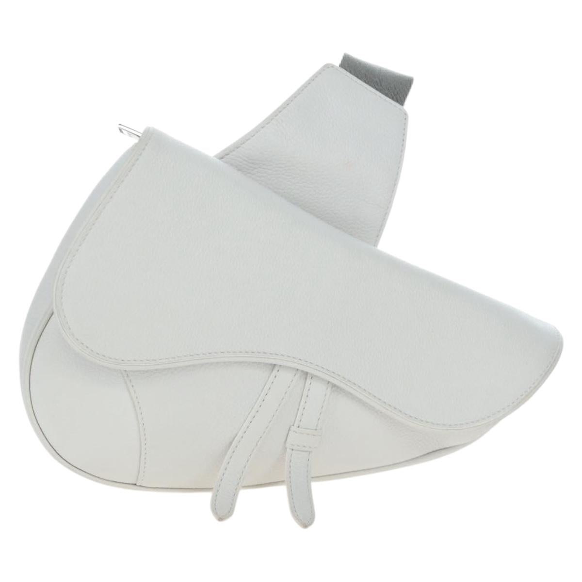 Christian Dior Saddle Shoulder Bag Leather White Silver Auth 202179V