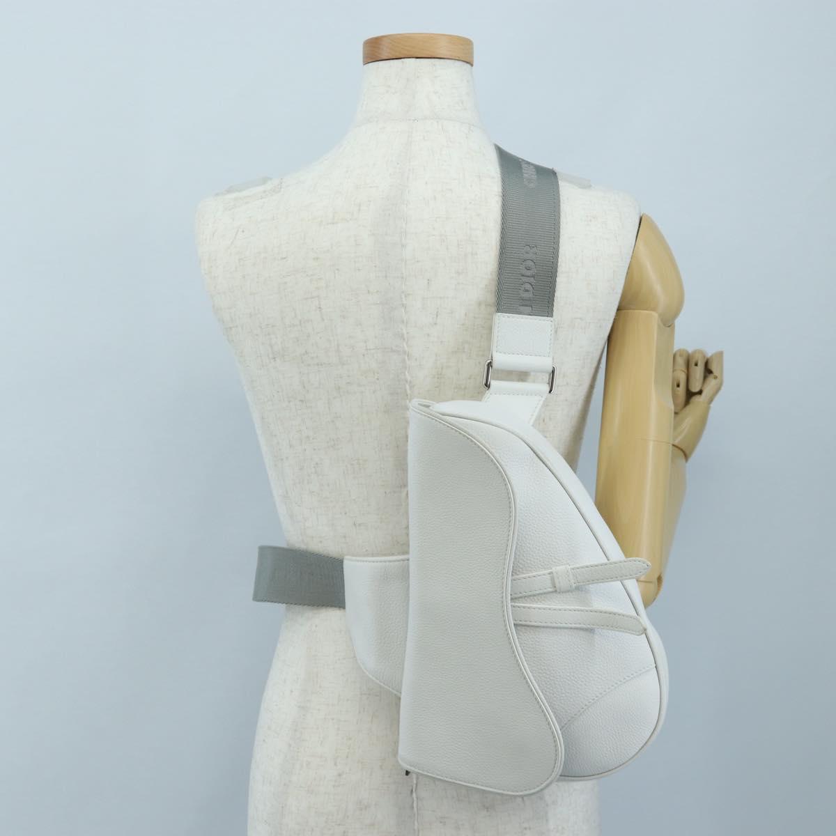 Christian Dior Saddle Shoulder Bag Leather White Silver Auth 202179V